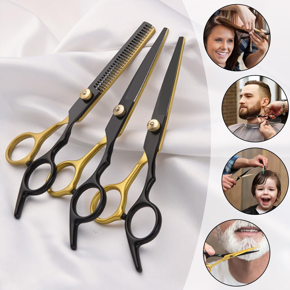 9 PCS Hair Cutting Scissors Kit,Barber Scissors with Black Gold Finish,Stainless Steel Hair Cutting Shears Set in Leather Case for Women Men Pet,Barber Salon and Home image number 5