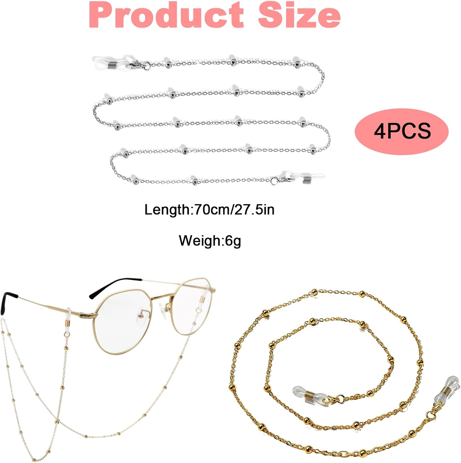 Glasses Chain, Adjustable KC Gold, Rose Gold, Black, 70Cm, Stylish Eyewear Retainer for Glasses Wearers, Fashion Accessory, Secure Face Mask Holder, Ideal Special Occasions image number 1