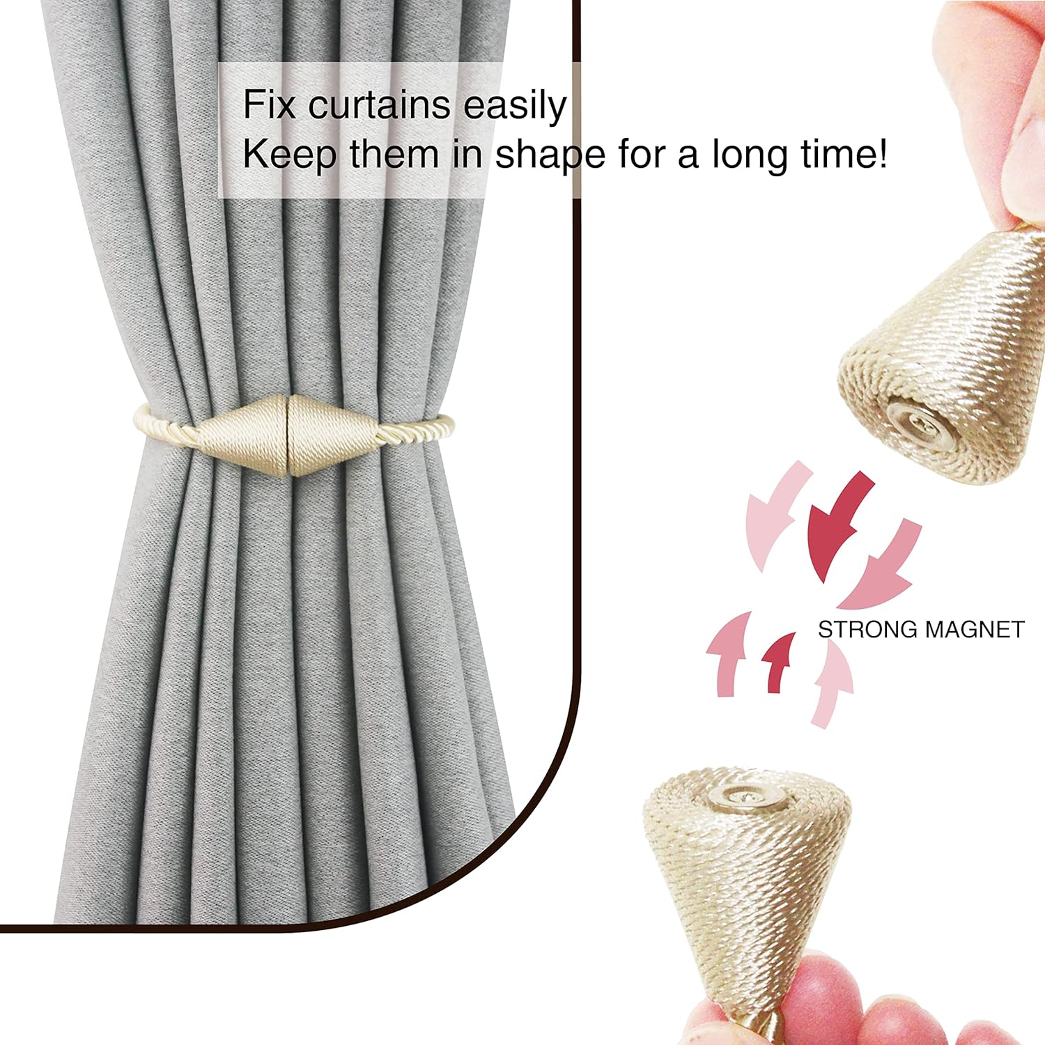 Nieffeiy 2 Pack Magnetic Curtain Tiebacks Rope Modern Handmade Curtain Tie Backs Decorative Drapes Weave Holdbacks for Window D&eacute;cor, Beige image number 1