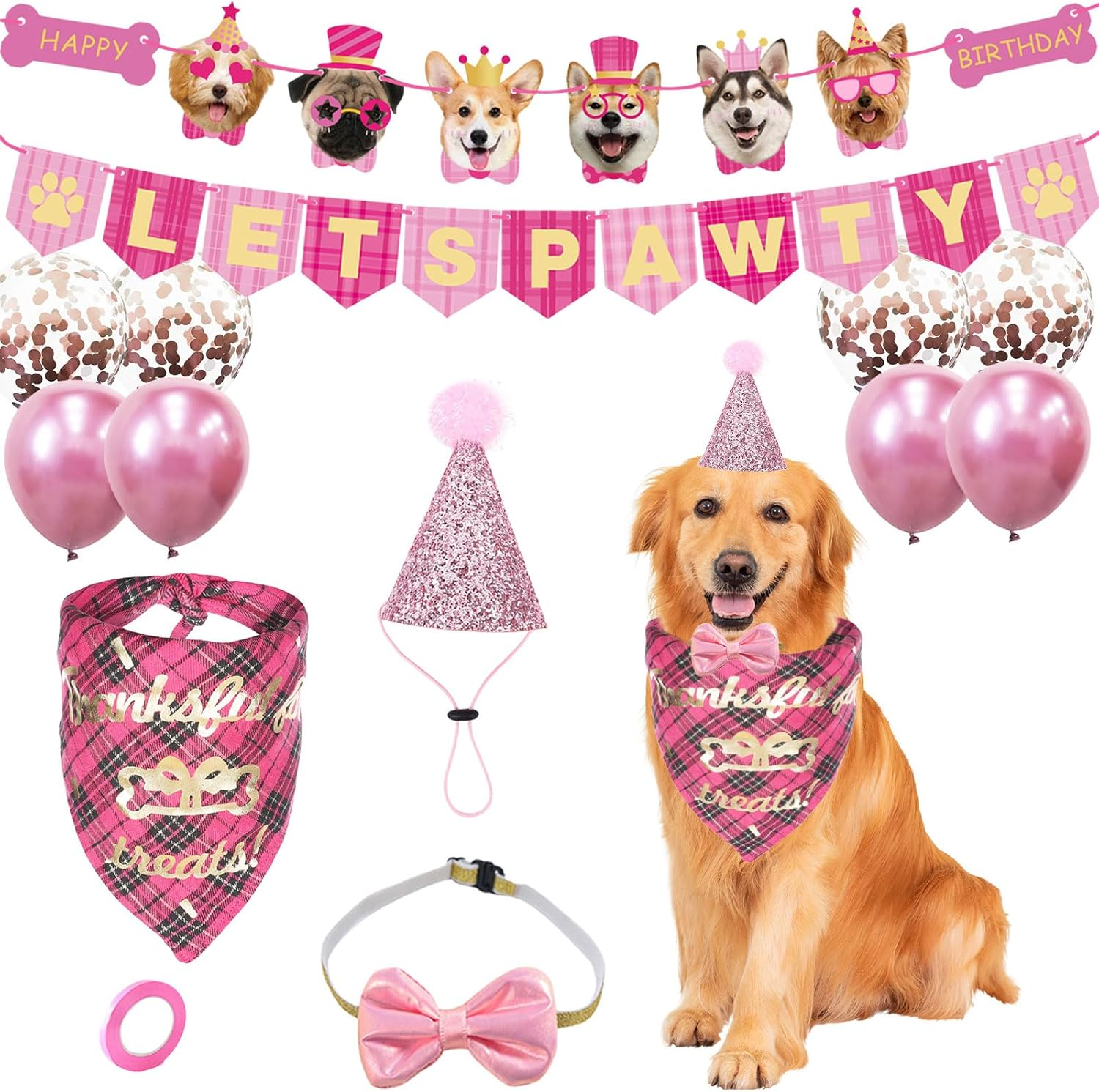 Dog Birthday Party Supplies,Dog Birthday Hat and Bandana Blue with Dog Bow Tie and Balloons,Lets Pawty Happy Birthday Banner for Pet Puppy Cats Small Medium Dogs (Dog Birthday Decorations Blue) image number 2