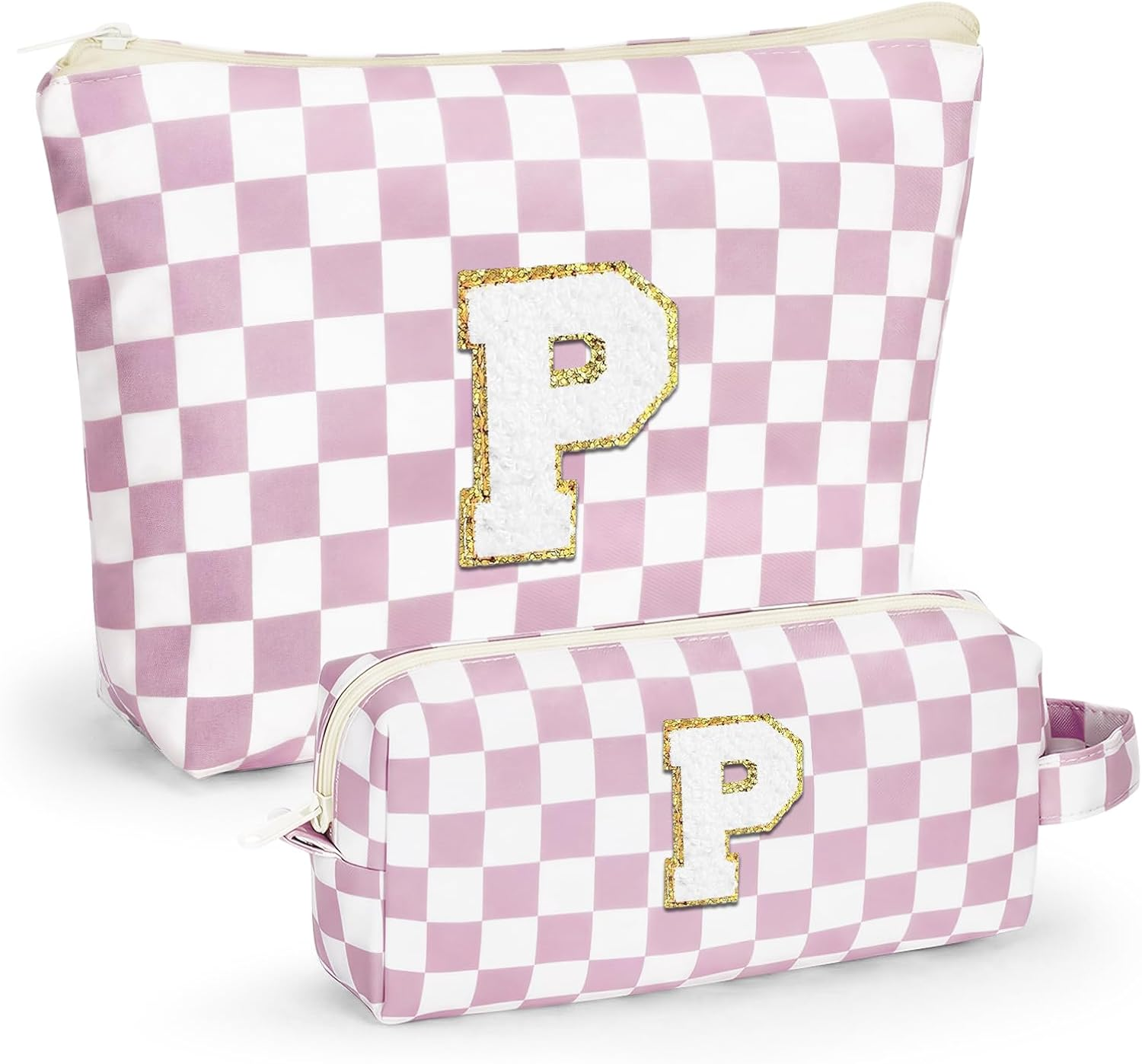 LIAN Initial Makeup Bag Set Checkered Makeup Bag Personalized Cosmetic Bags Makeup Travel Bag 10 11 12 13 14 16 18 Years Old Birthday Gifts for Women Teen Girl Gifts Trendy Stuff(Pink-C)