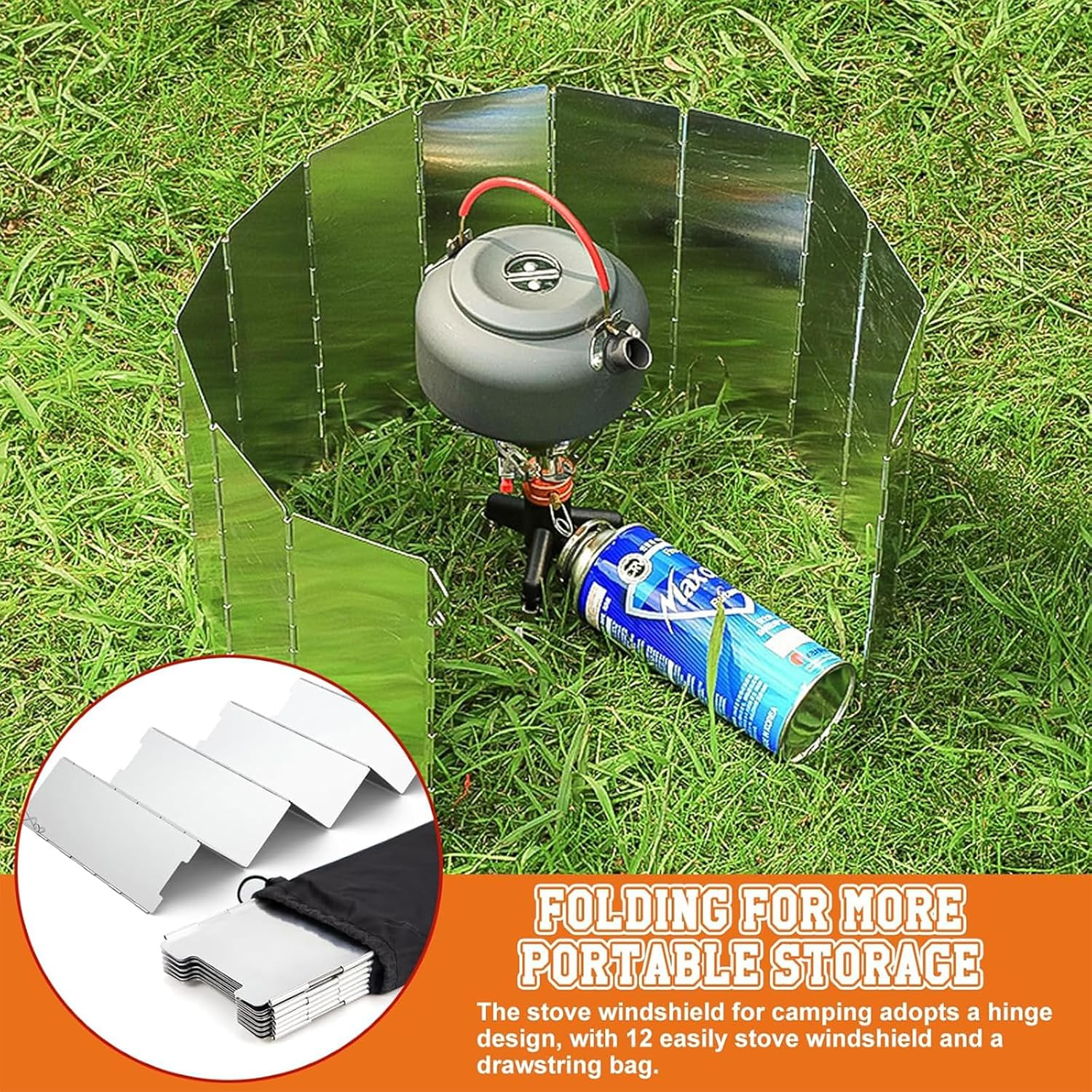 Folding Camping Stove Windscreen 12 Plates Aluminum Camping Stove Windshield with Carrying Bag Portable Camp Stove Wind Screen Outdoor Cooker Butane Burner Wind Shield image number 4