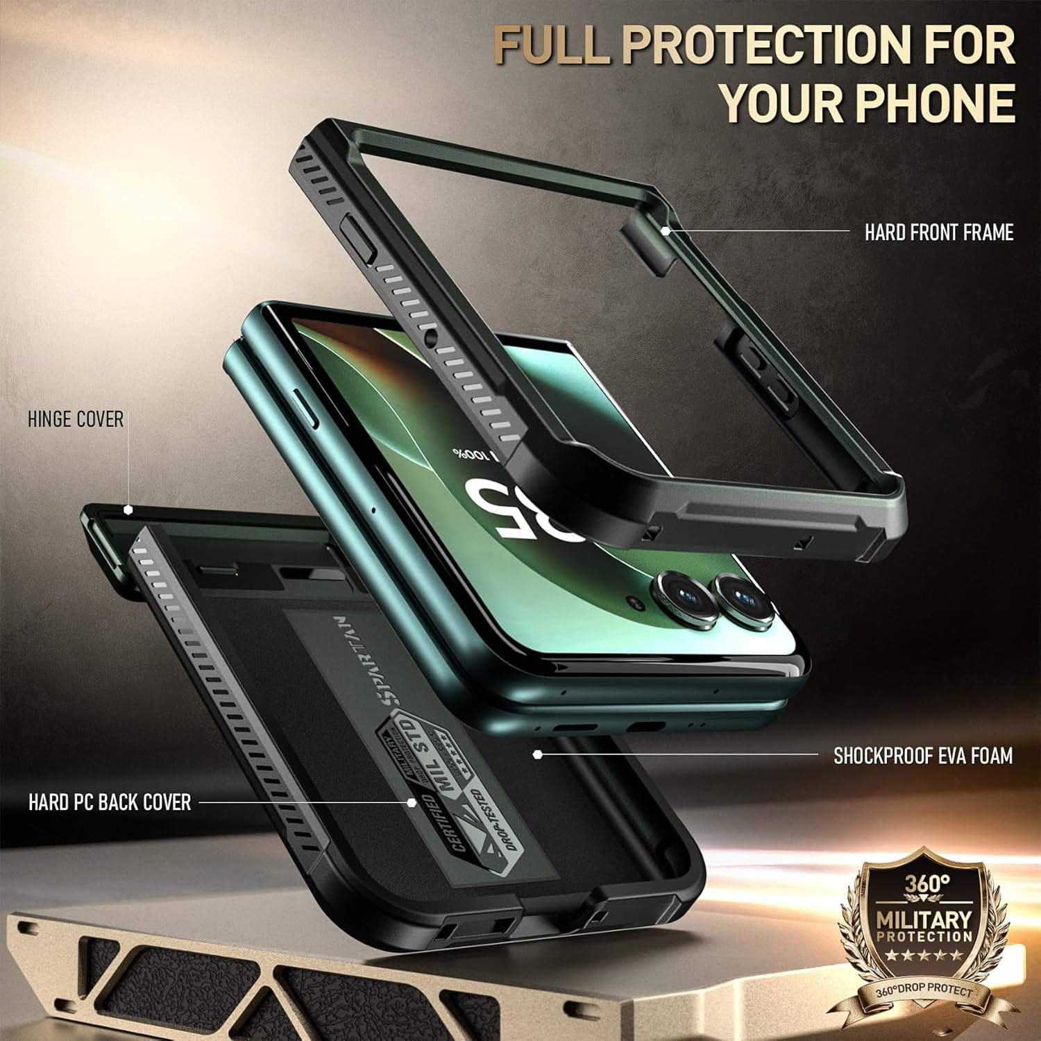 Poetic Spartan Case for Motorola Moto Razr Ultra 2025,[Kickstand][Hinge Protection][20Ft Mil-Grade Drop Tested], Full-Body Rugged Shockproof Protective Cover with Kickstand, Metallic Green image number 4