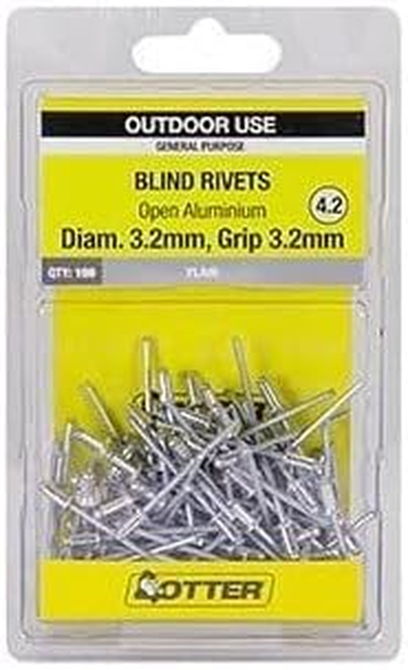 Otter 4.2 Aluminium Open Blind Rivets, Silver, 3.2 Mm Diameter X 3.2 Mm Grip Size, (100 Pieces)
