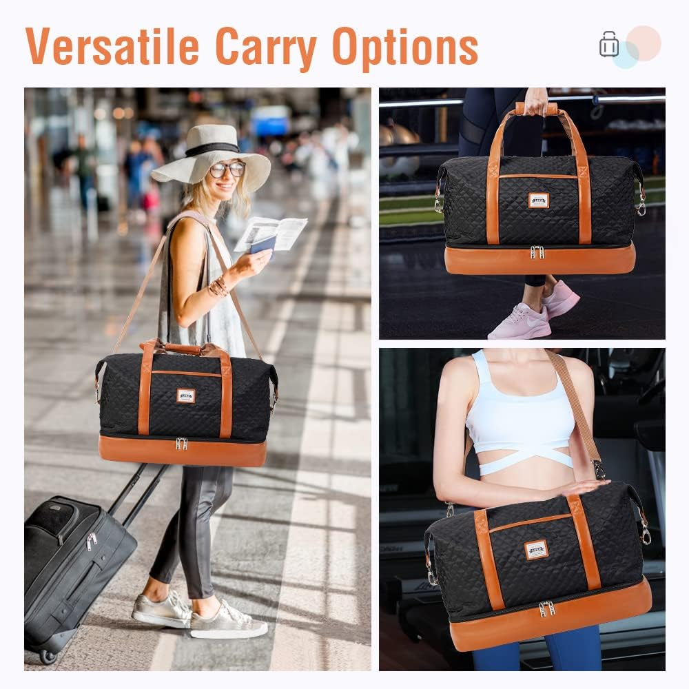 Lekebobor Travel Duffel Bag for Women, Overnight Weekender Bag with Toiletry Bag for Women, Waterproof Carry on Bag Hospital, Gym, Sport (50L, Black)