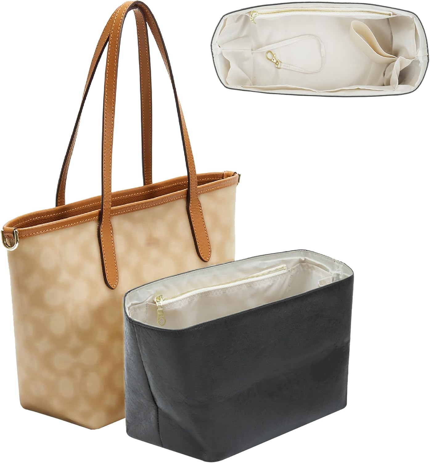 Doxo Purse Organizer Insert for Coach City Tote 30, Lightweight Tote Bag Organizer with Keychain, 9 Pockets Bag Insert with Cup Holder Zippered Section, Handbag Organizer Storage Divider (White Brown)