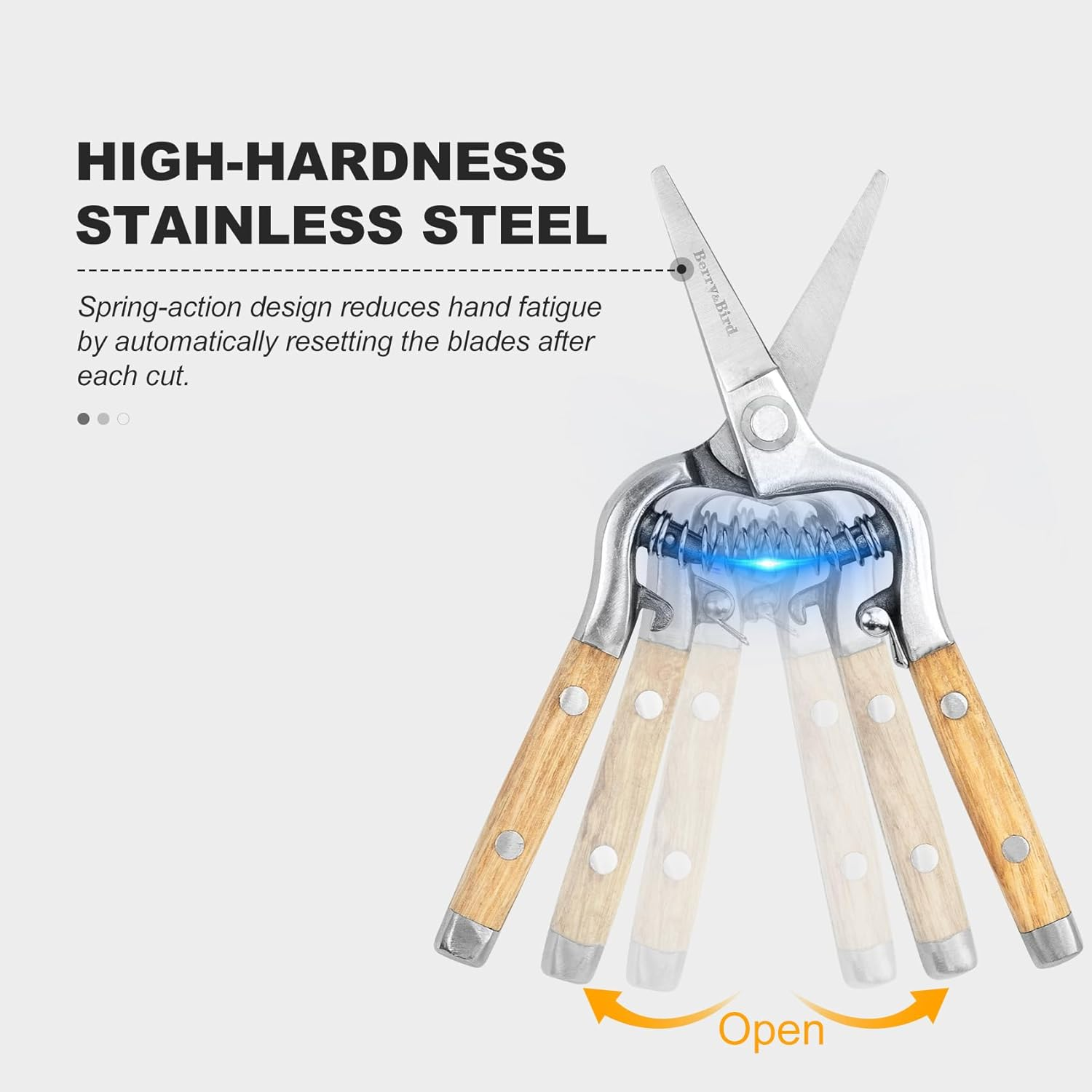 Berry&Bird Straight Pruning Shears with Stainless Steel Blades Garden Hand Pruner 8'' Scissors with Wooden Handle Clippers for Gardening Trimming Cutting Bonsai image number 6