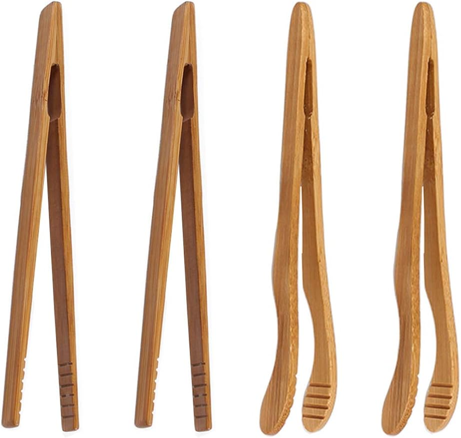 4 Pack Bamboo Toaster Tongs - 7&rdquo; Reusable Wood Cooking Tongs -Ideal Kitchen Utensil for Cheese Bacon Muffin Fruits Bread- Ultra Grip - Eco-Friendly (Yellow-4 Pcs)
