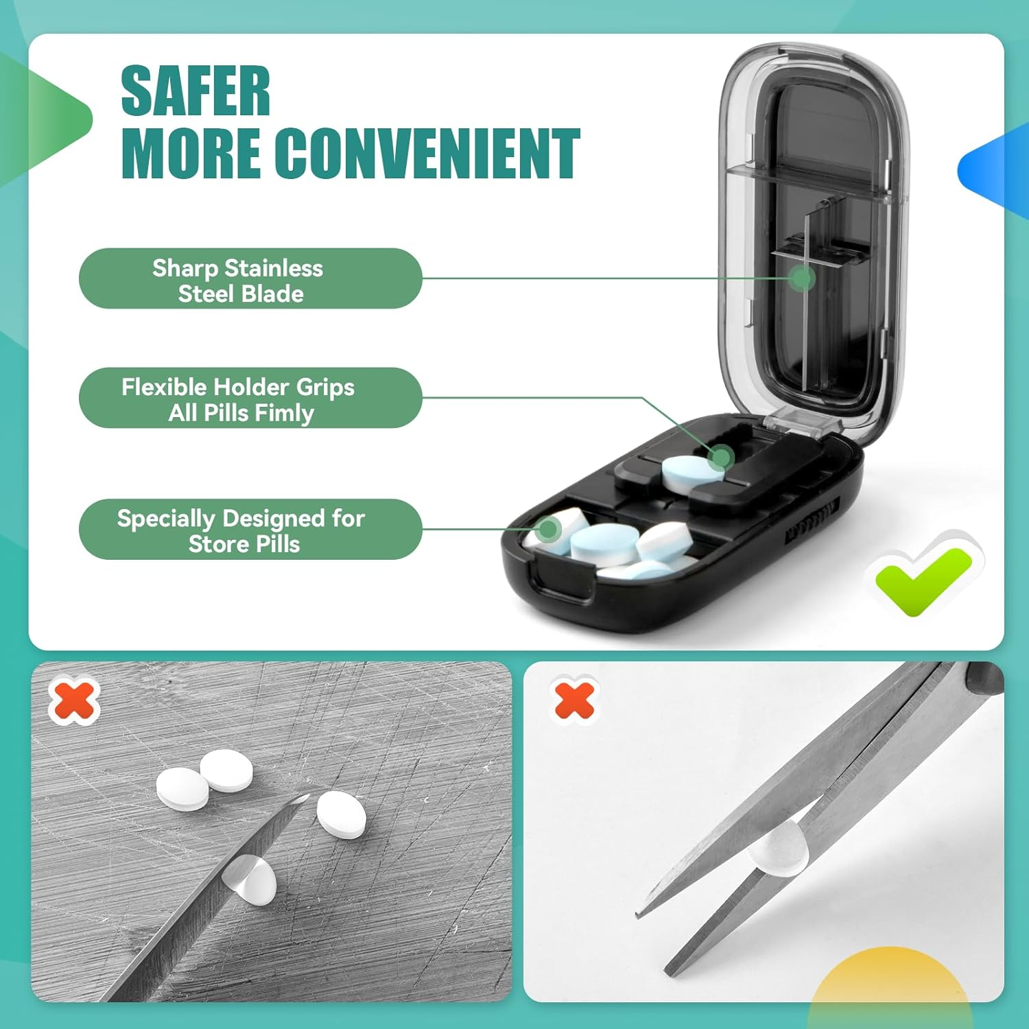 Tablet Divider, Tablet Cutter, Pill Divider with Storage Compartment, Tablet Cutter for All Tablets, Pill Cutter, Portable Pill Cutter for Travel, Pet (Black)