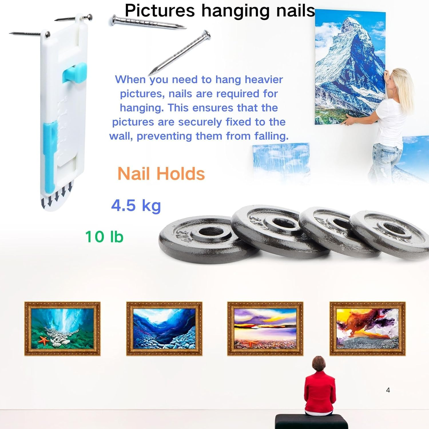 Laffeya Picture Hangers, Adjustable Adhesive Wall Hooks with Level, Damage Free Hanging Strips Hanger for Art, Photos, Mirrors & Decor Frame (Picture Hook, 2) image number 5