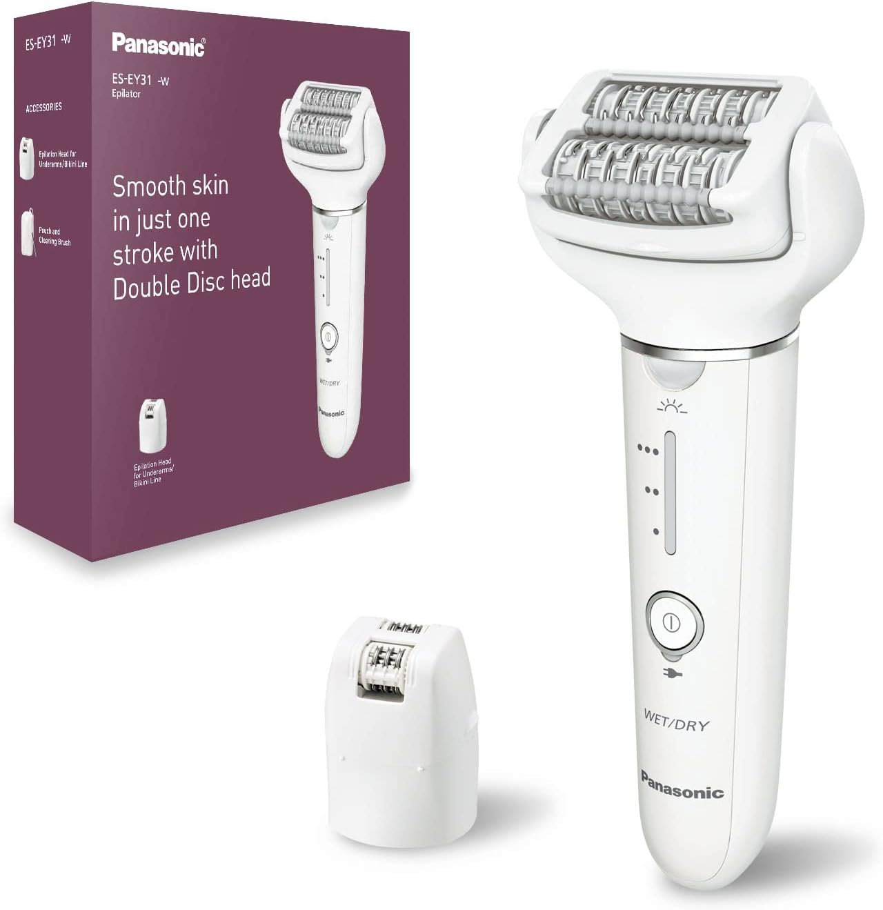 Panasonic Wet/Dry Cordless Epilator with Double Disc Technology, 3 Speed Settings, Rechargeable Battery, 2 Attachments, Flexible Pivoting Head, Pressure Sensor, LED Light, 0.5Mm Hair Removal, Easy Grip Handle (ES-EY31-W541) image number 2