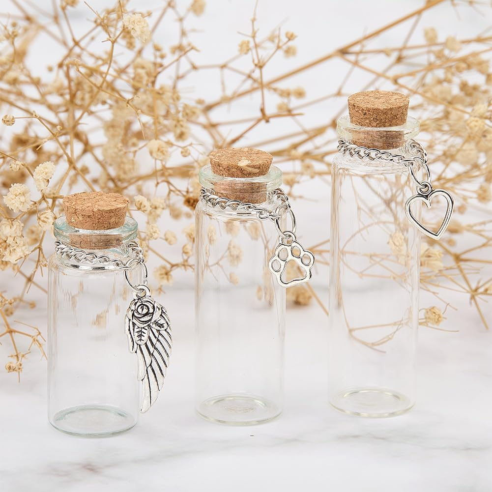 WEBEEDY 6 Pcs Pet Memorial Glass Bottles for Ashes Hair, 3 Sizes Small Glass Vial with Paw, Wing, or Heart Pendant for Dog or Cat Urns Teeth Keepsake Pet Loss Remembrance Sympathy Gift, 5/6/7Cm image number 1