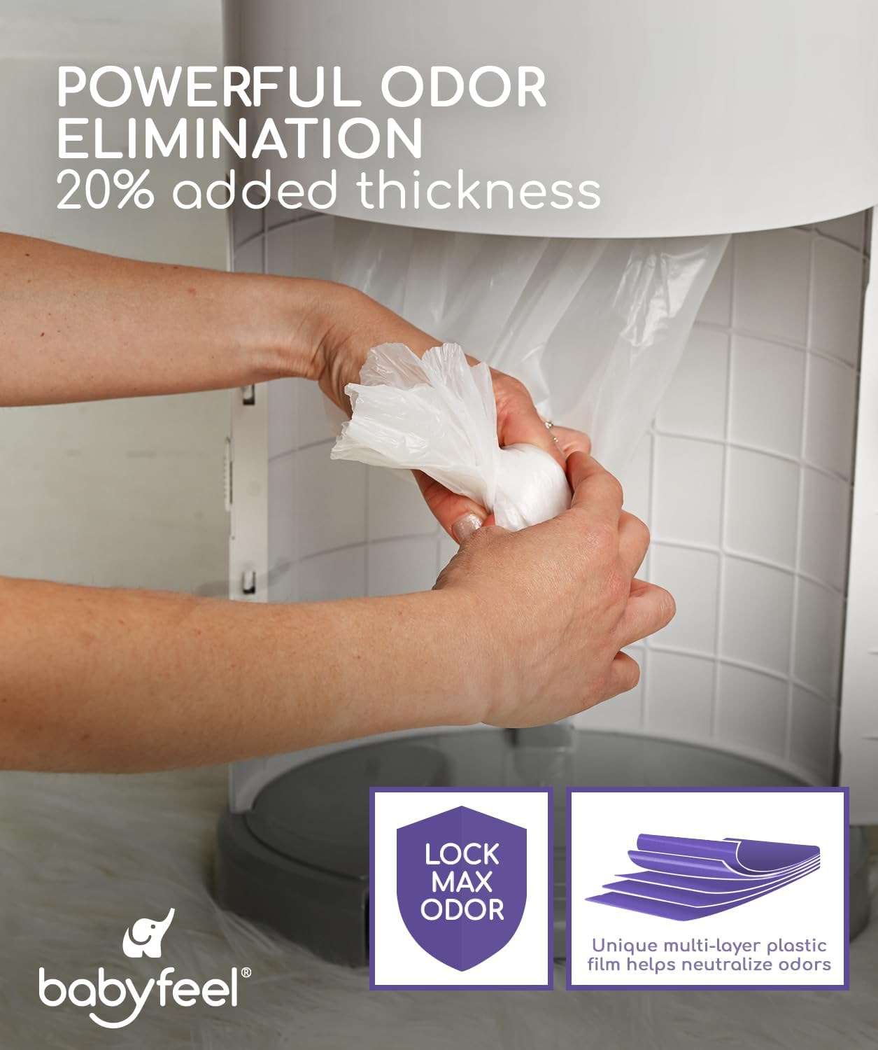 Babyfeel Refills Compatible with DEKOR MINI Diaper Pails | 4 Pack | Exclusive 20% Extra Thickness | Diaper Pail Refills with Powerful Odor Elimination | Powder Scent | Holds up to 1320 Diapers image number 1