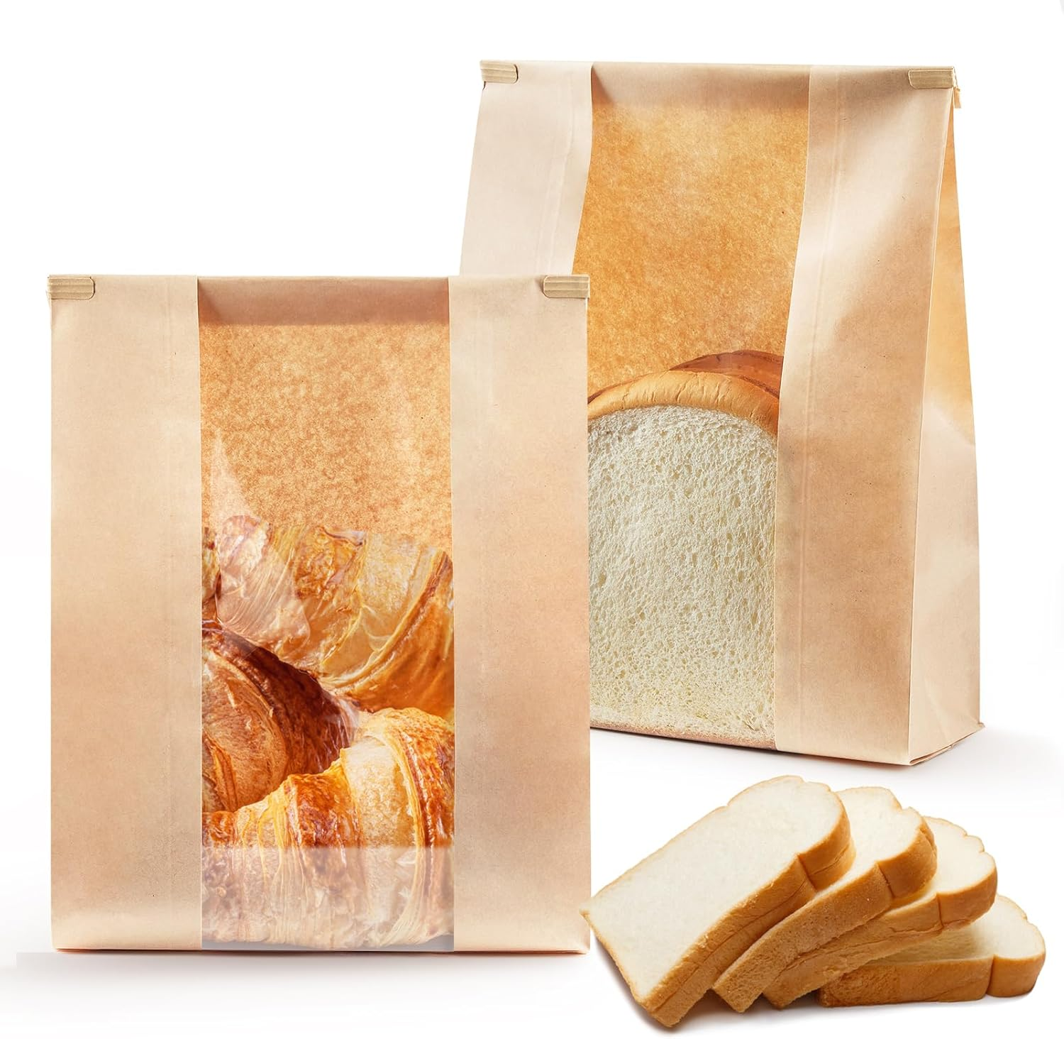 ZORRITA 50 Pack Large Bread Bags for Homemade Sourdough Bread, 8.2 X 3.5 X 13.7 Inches Kraft Paper Bakery Bags with Windows Tin Tie Tab Lock Bread Loaf Bags image number 4