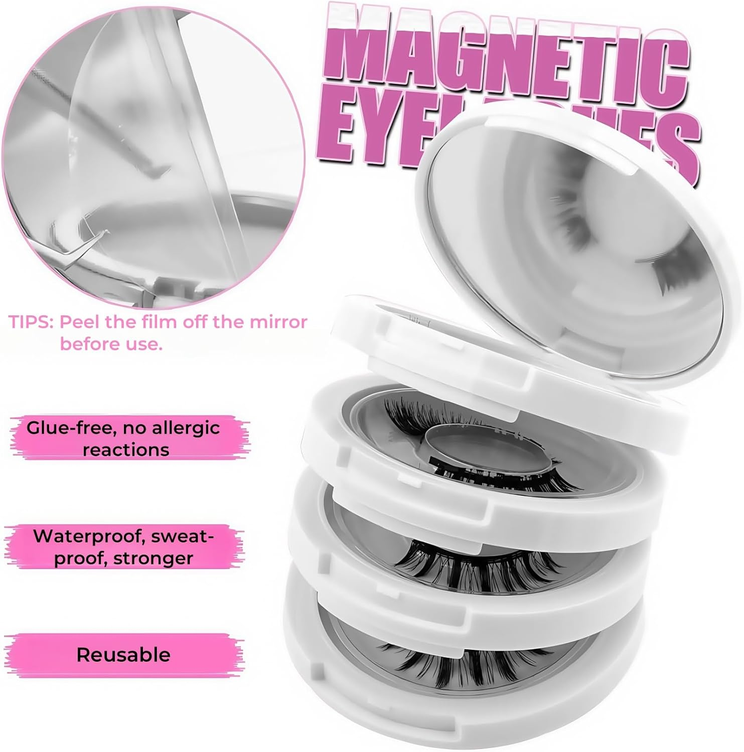 Magnetic Eyelashes 4 Pairs, Long Lasting Reusable with Applicator, Cat Eye Black Curly Wispy Thick Fluffy,No Need Glue 3D Look Eye Makeup,Waterproof, Easy to Wear. image number 5
