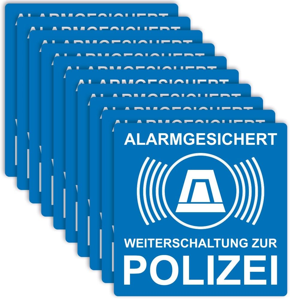 Pack of 10 Alarm Security Stickers, Blue, Self-Adhesive, Scratch and Weatherproof
