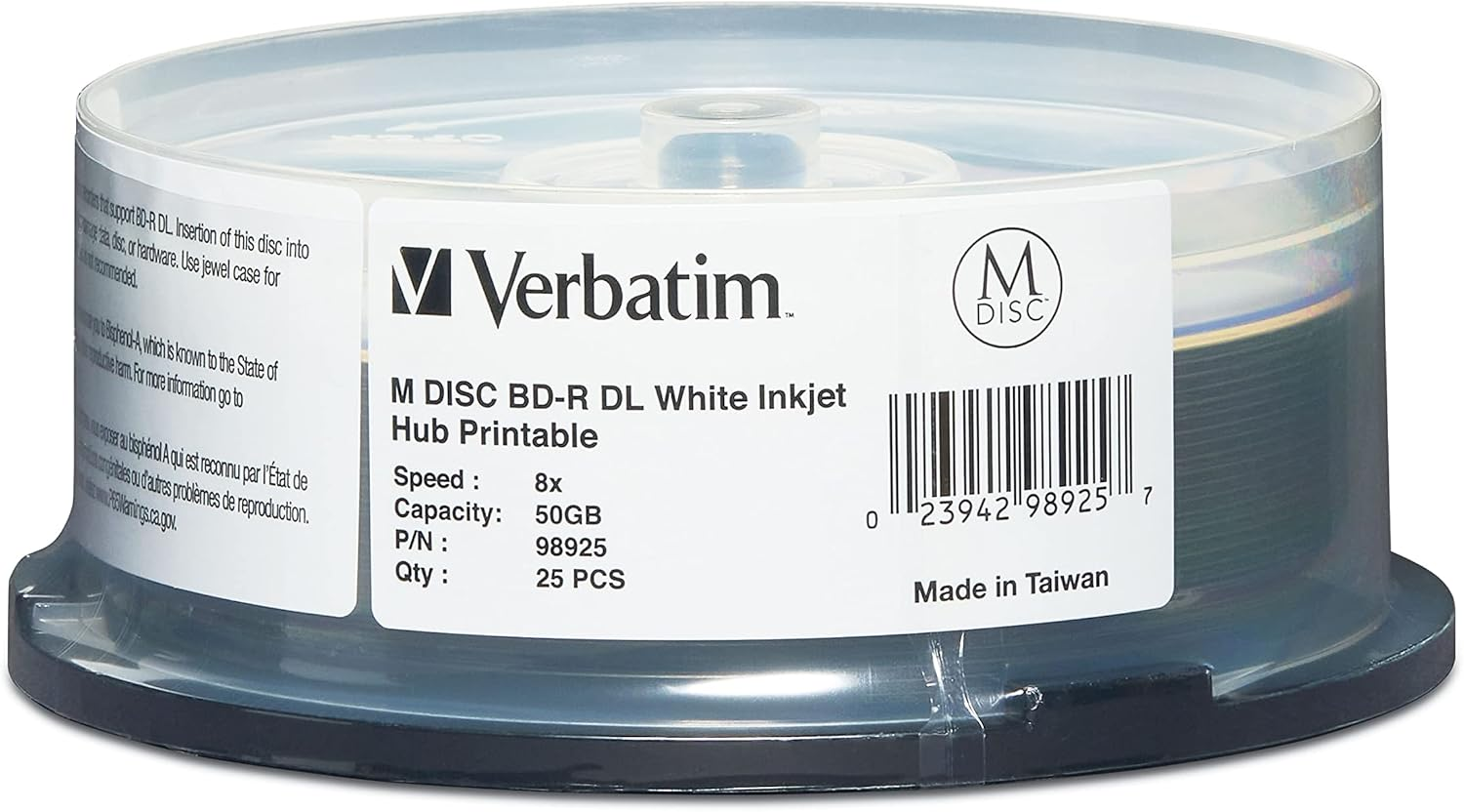 Verbatim M DISC BDXL 100GB 4X White Inkjet Hub Printable - 25Pk Spindle (98915) image number 3