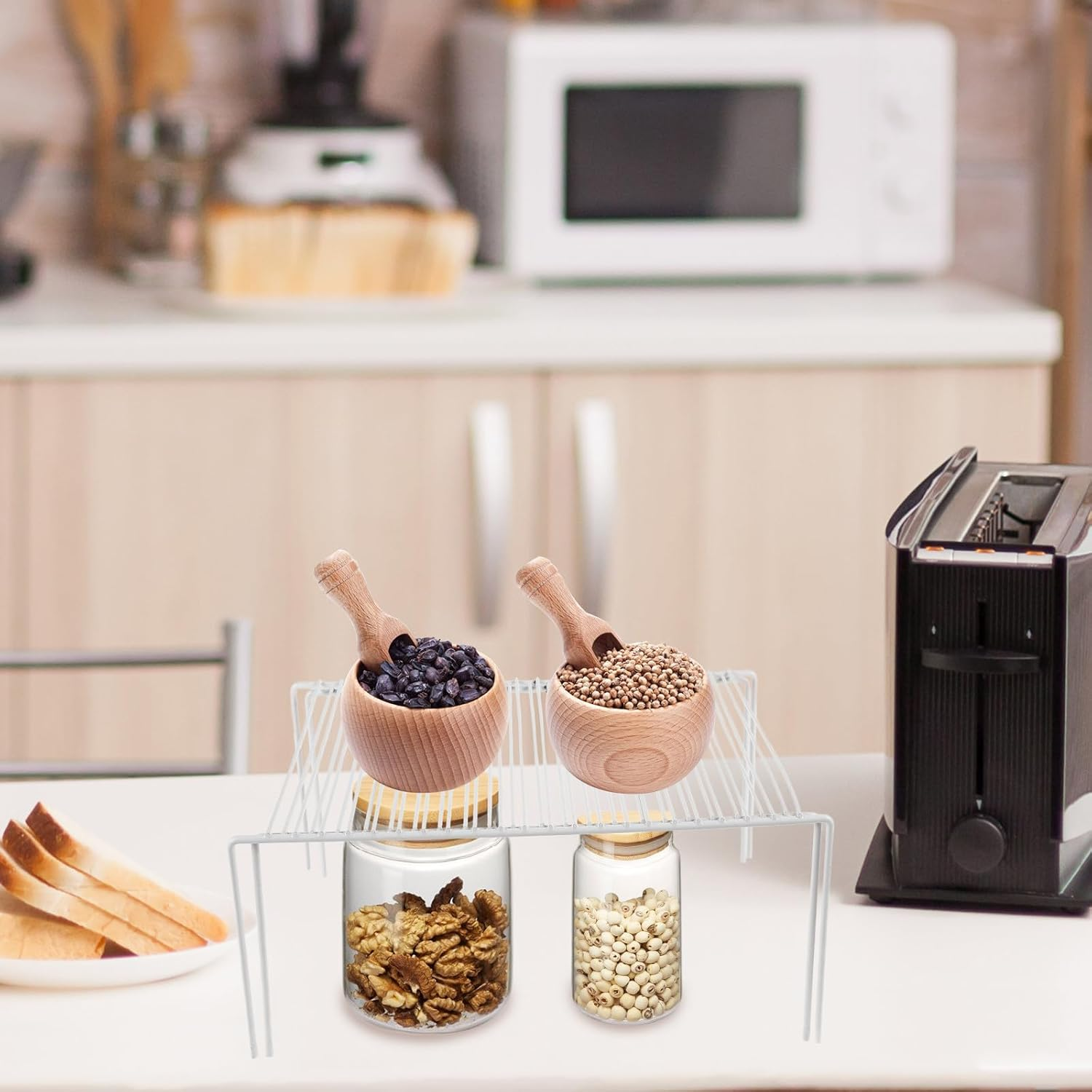 VOSAREA Expandable White Metal Kitchen Spice Rack, Retractable Wire Shelf Organizer for Cabinet and Countertop Storage, Telescopic Kitchen Cabinet Shelf for Seasoning and Utensils image number 5