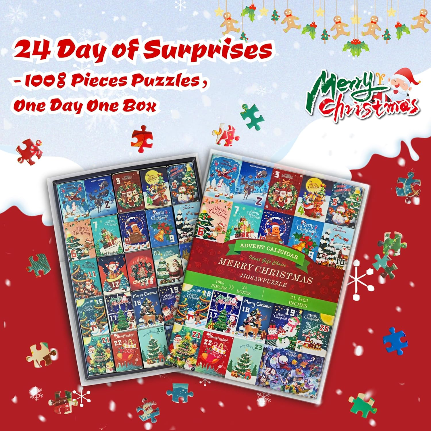 Advent Calendar 2025 Christmas Jigsaw Puzzles 1008 Pieces, 24 Boxes of Christmas Countdown Calendar Puzzles for Adults, Funny Holiday Puzzles for Kids as Christmas Decor image number 5
