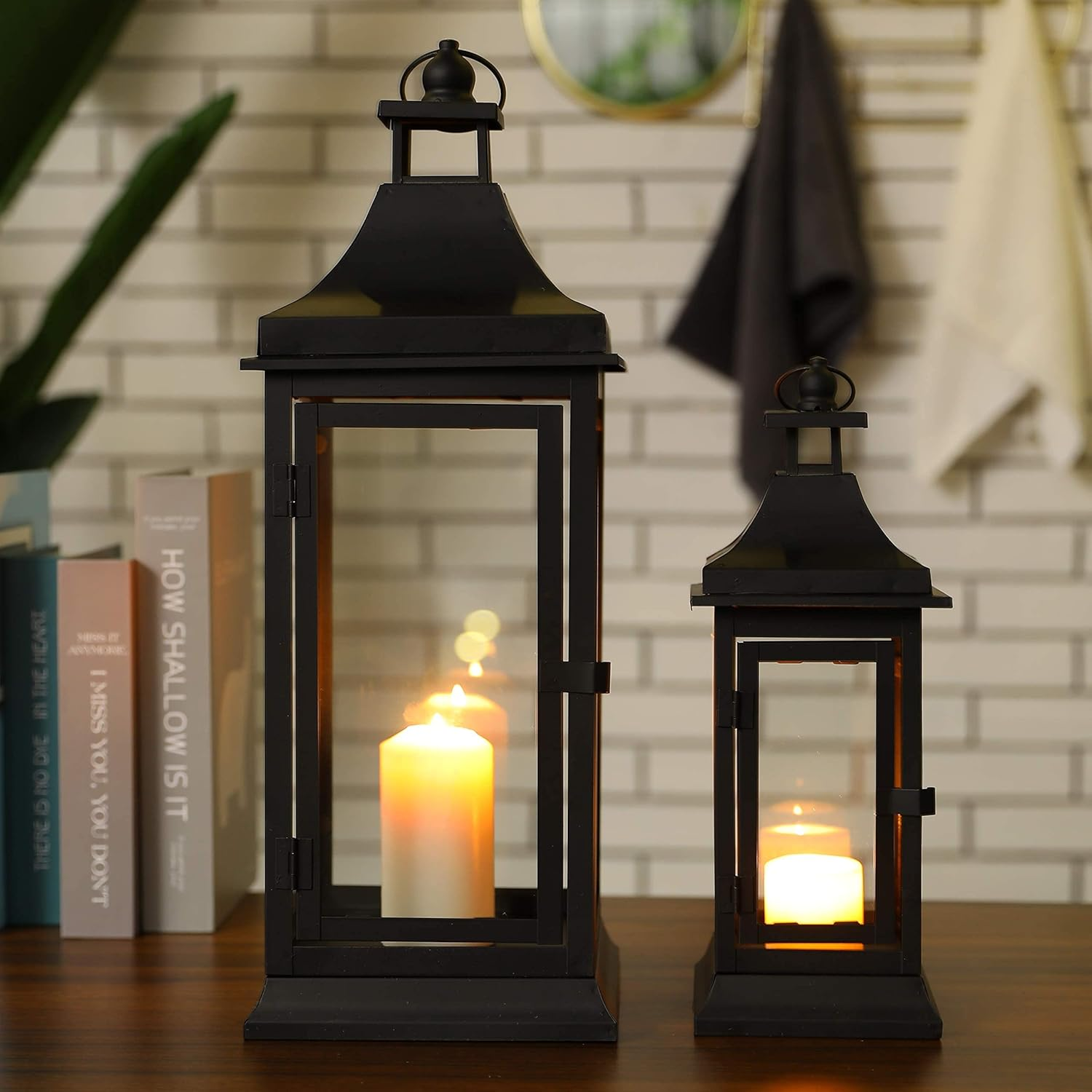 JHY DESIGN Set of 2 33&50Cm Tall Outdoor Candle Lanterns Vintage Hanging Tower Lantern Metal Candle Holder for Garden Living Room Indoor Outdoor Parties Weddings Balcony(Black) image number 7