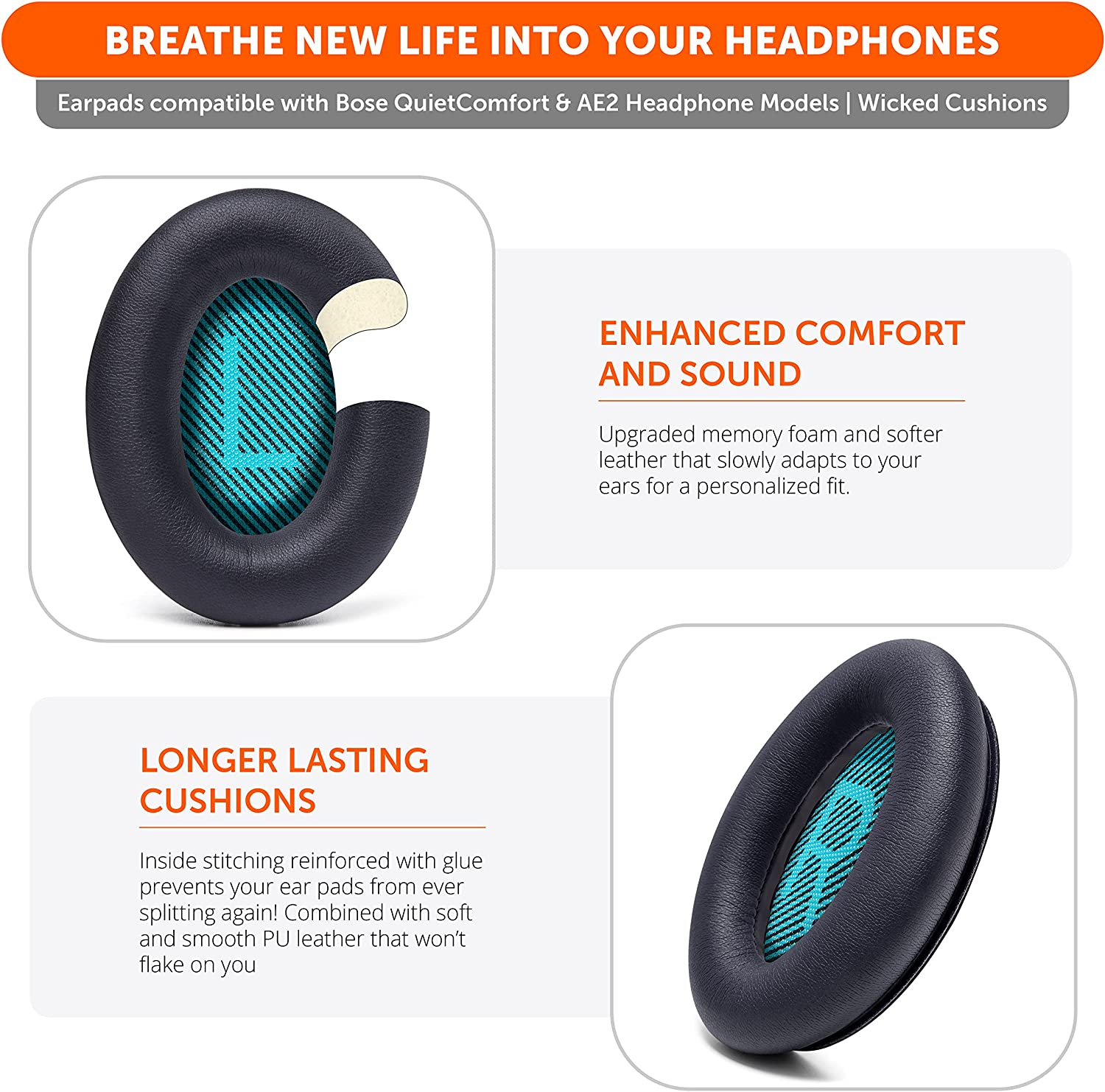 WC Wicked Cushions Premium Replacement Ear Pads for Bose Headphones - Compatible with QC15 / QC25 / QC35 & 35 Ii / QC2 / AE2 / Ae2I / AE2W / Soundlink - Softer Leather, Luxury Memory Foam | Black - Brown image number 2