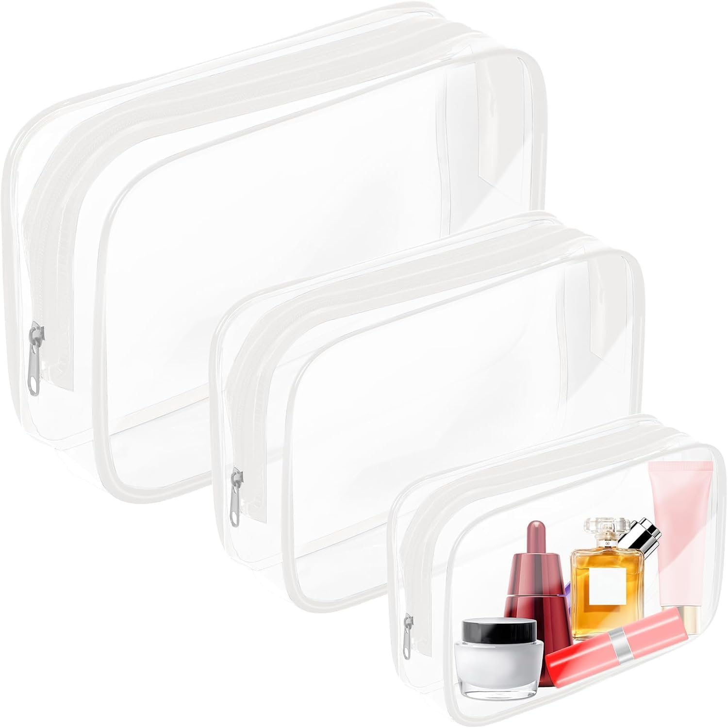 MKUCCD 3Pcs Transparent Toiletry Bag, Transparent Cosmetic Bag with Zipper, TSA Certified Travel Bag, Women'S Travel Cosmetic Bag, Transparent PVC Bag, Portable Travel Duffel Bag (2White 3 Pack)