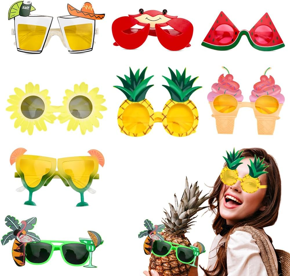 AUTOWT 8PCS Hawaiian Luau Party Glasses, Funny Summer Hawaiian Beach Party Photo Booth Props Kits with Different Shapes for Pool Aloha Party Supplies image number 5