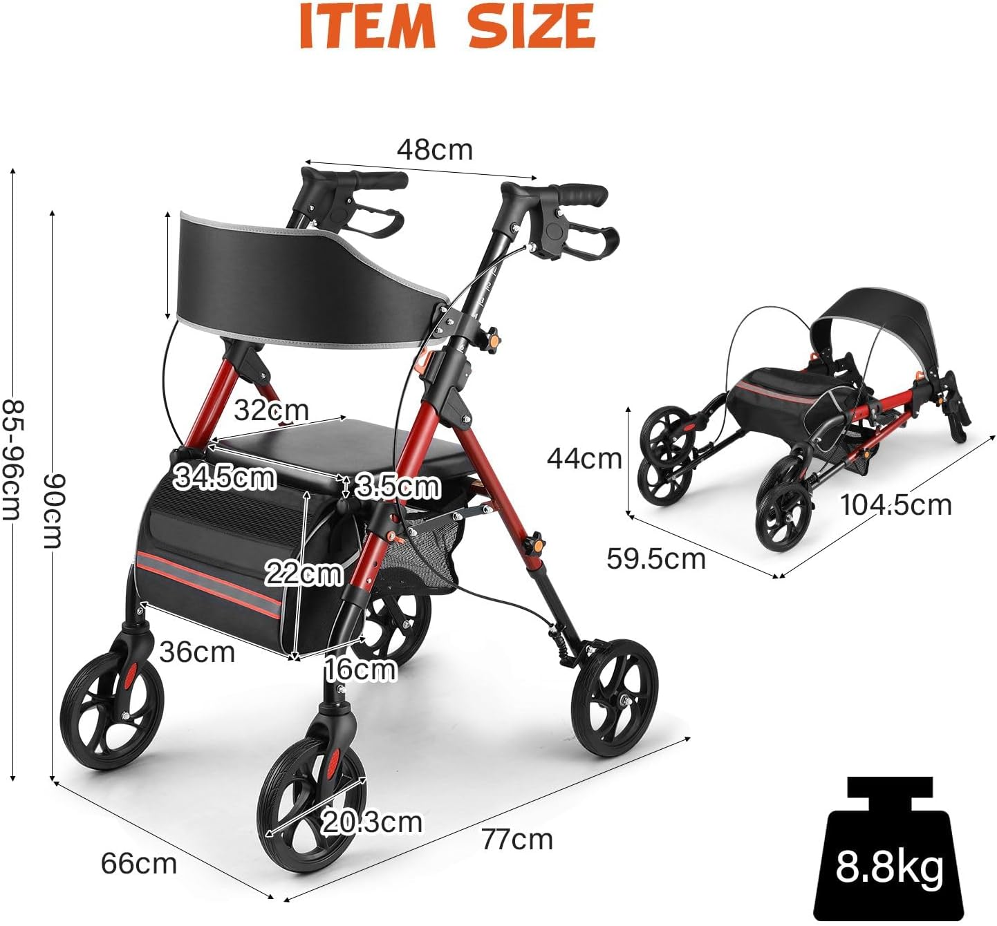 GENKI Aluminum Rollator Walker with Seat 4 Wheel Seniors Elderly Lightweight Walking Mobility Trolley Folding Wheelchair Rolling Frame Storage image number 2