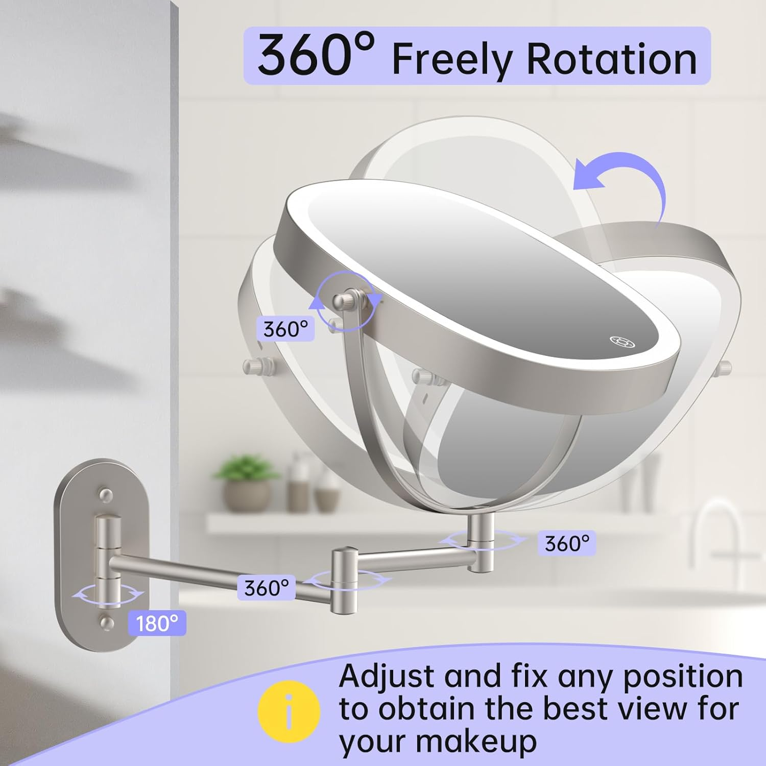 FUNTOUCH Rechargeable Wall Mounted Lighted Makeup Mirror, Oval Double-Sided Mirror 1X/10X Magnifying Mirror,3 Color Lights Touch Screen Dimmable 360&deg;Swivel 13 Inch Extendable,Nickel image number 2