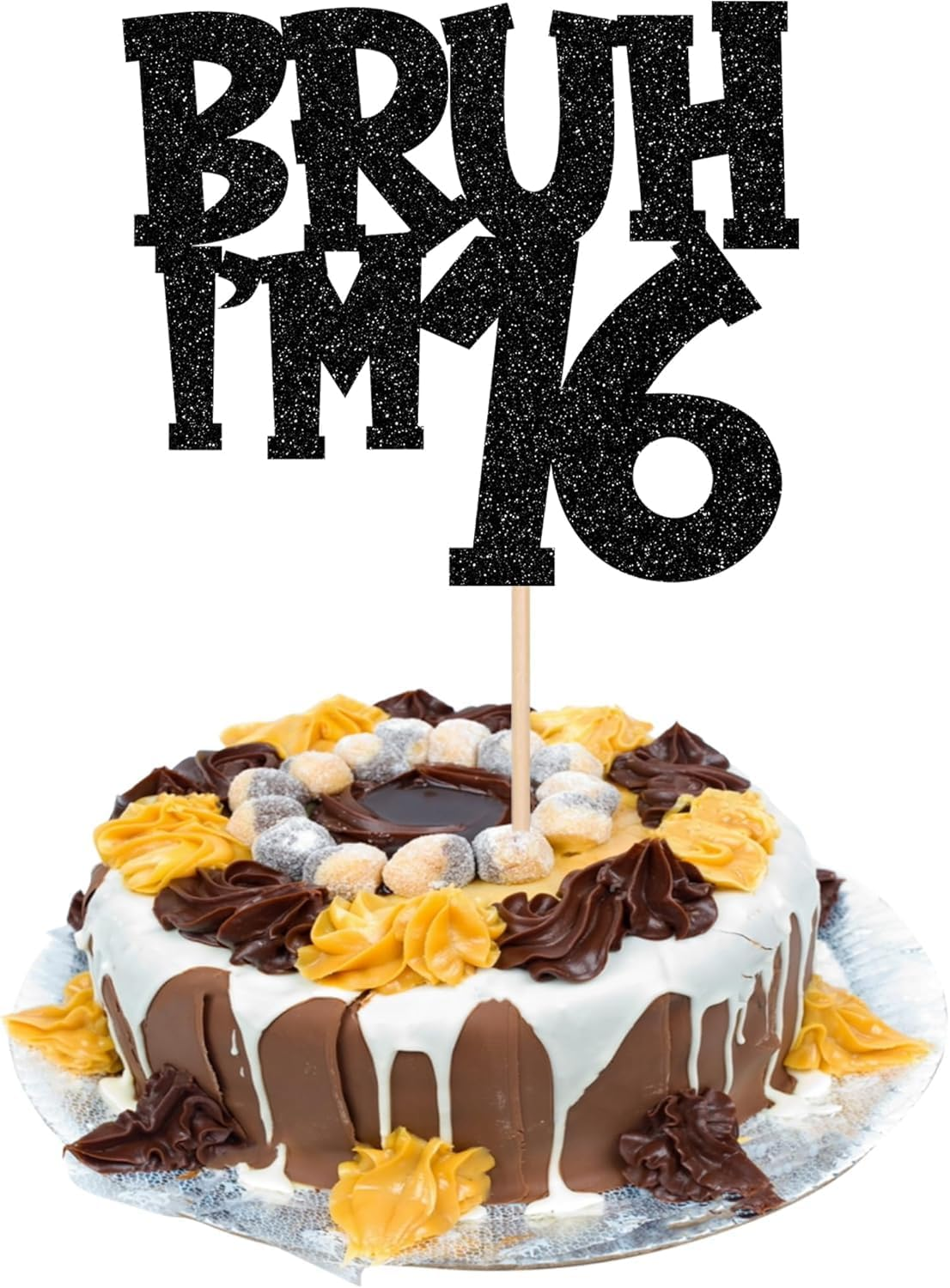 SYKYCTCY 1 Pack Black Glitter Bruh I'M 16 Cake Topper Glitter Cheers to 16Th Cake Pick Funny 16Th Cake Decorations for Happy Birthday Party Supplies Black image number 4