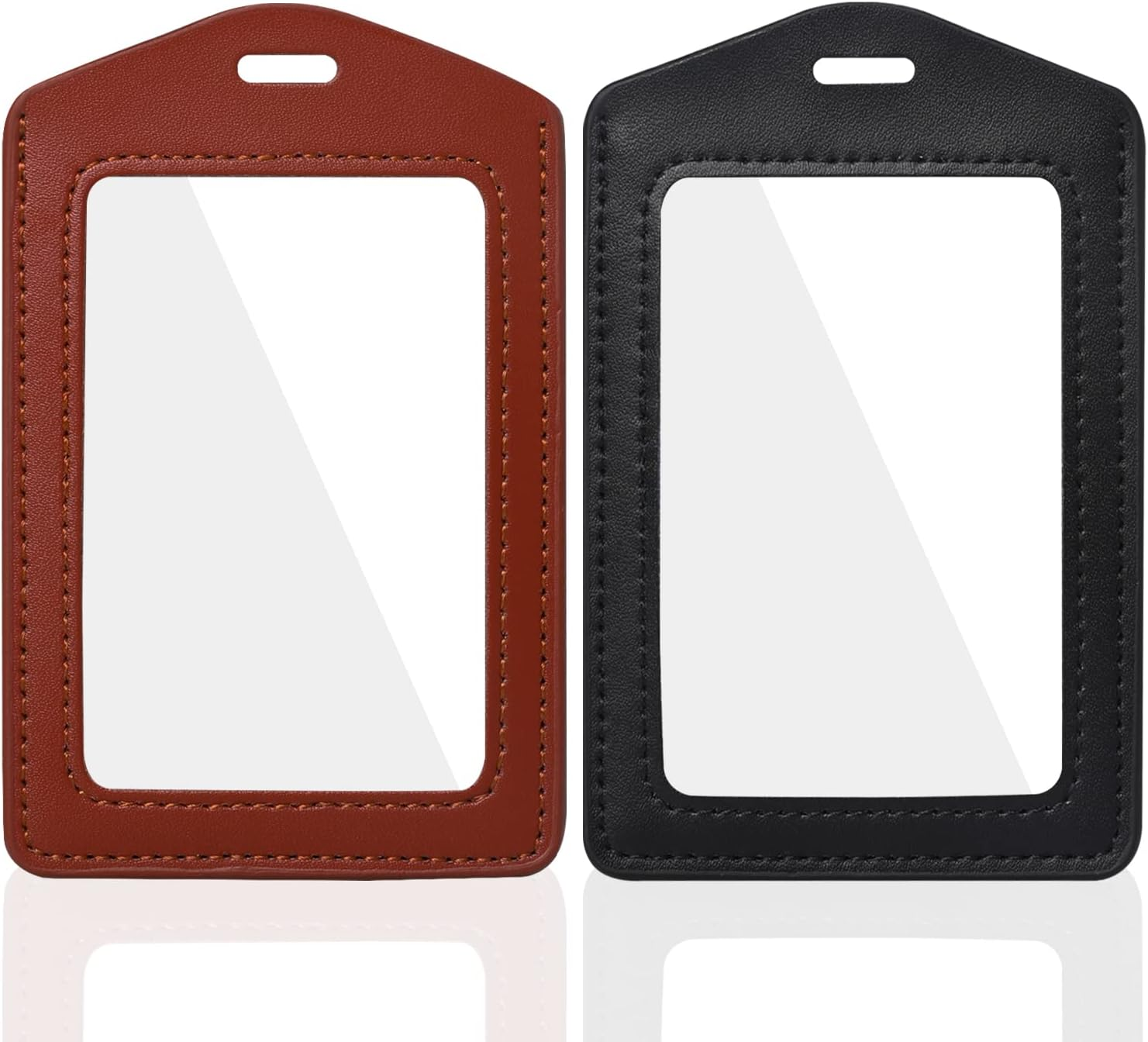 2 Pack Genuine Leather ID Badge Holders, Vertical ID Card Holders with Dual-Side Clear Window, Waterproof Name Badge Holde Suit for Office, Staff, Students, Employees(Blue&Coffee)