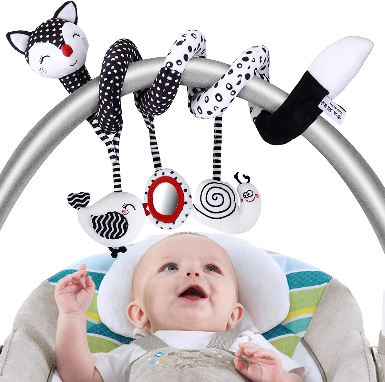 Spiral Hanging Stroller Baby Toys : Newborn Hanging Spiral Activity Black and White Dangling High Contrast Toy Musical Wrap Sensory Babies Infant Toys for Car Seat Stroller Mobile Bassinet Pram image number 5