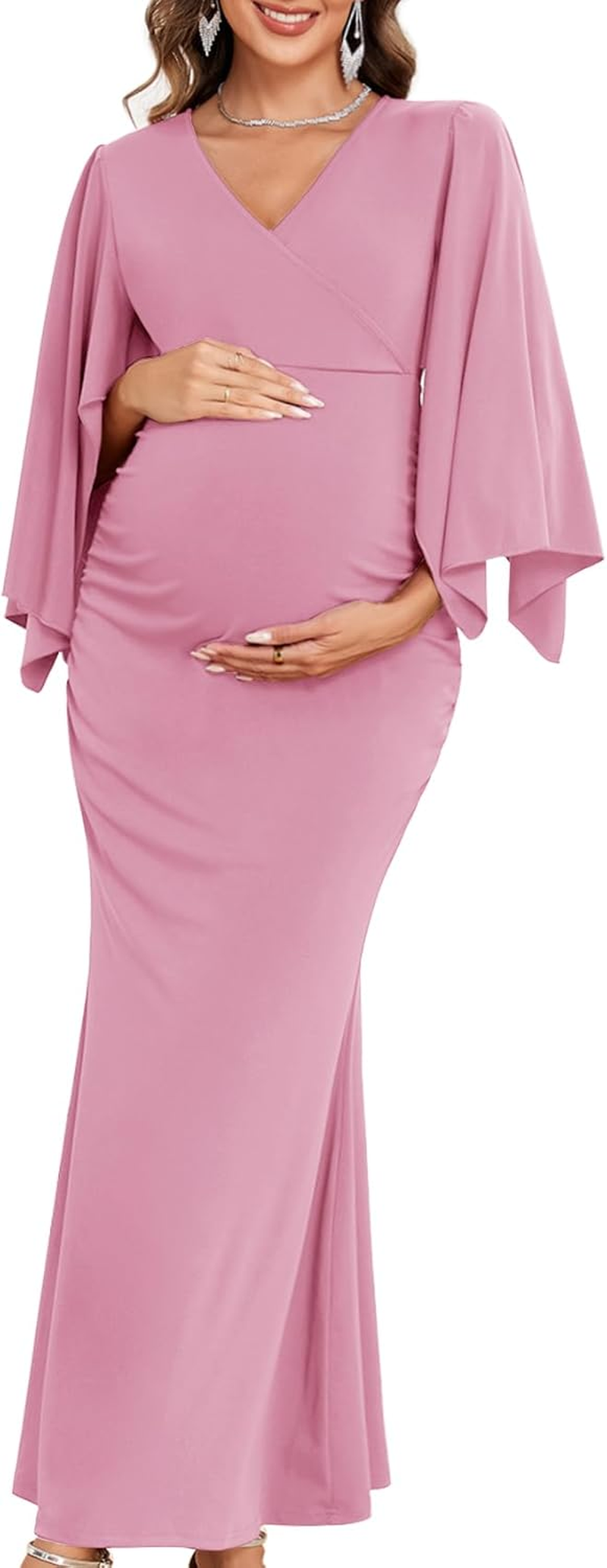 Maxi Maternity Dress with Flower Sash Semi Formal Baby Shower Wedding Guest V-Neck Handkerchief Sleeves Elegant