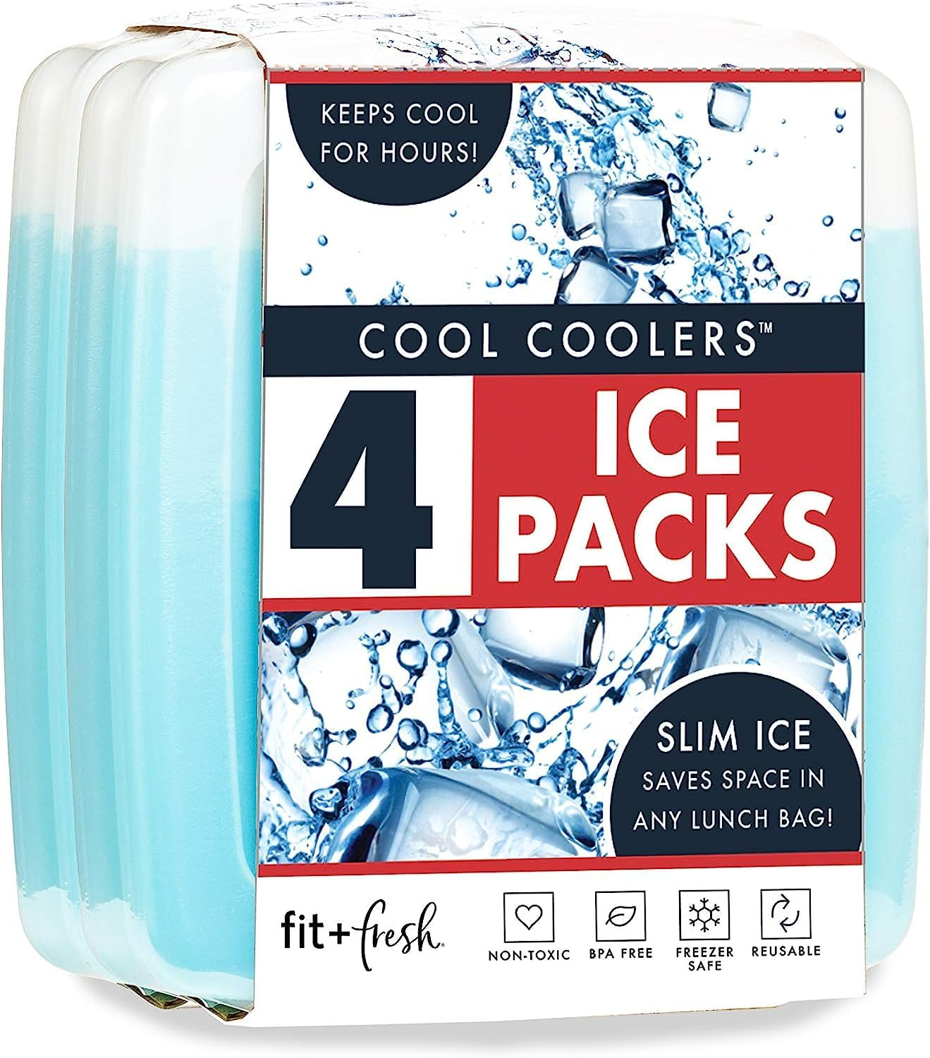 Cool Coolers by Fit + Fresh, Reusable & Long-Lasting Slim Ice Packs, Perfect Addition to Your Lunch Box, Camping Accessories, Insulated Lunch Bag, Beach Cooler Backpack & More, Clear Blue, Pack of 4 image number 1