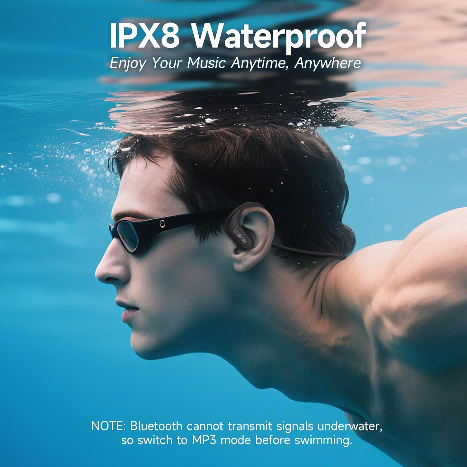 LOBKIN Waterproof Earbuds for Swimming, Bone Conduction Headphones IPX8 Swimming Headphones 8GB Memory Bluetooth 5.4 Wireless 8H Playtime in Ear Underwater Sport Earphones for Swimming, Running image number 5