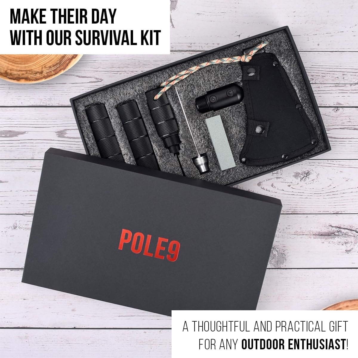 POLE9 Survival Axe 11-In-1 Multitool Axe - Outdoor Axe with 11 Functions of Camping Axe, Flint, Knife, Whetstone, Saw, Hammer and Many More - Optimal Survival Tool image number 3