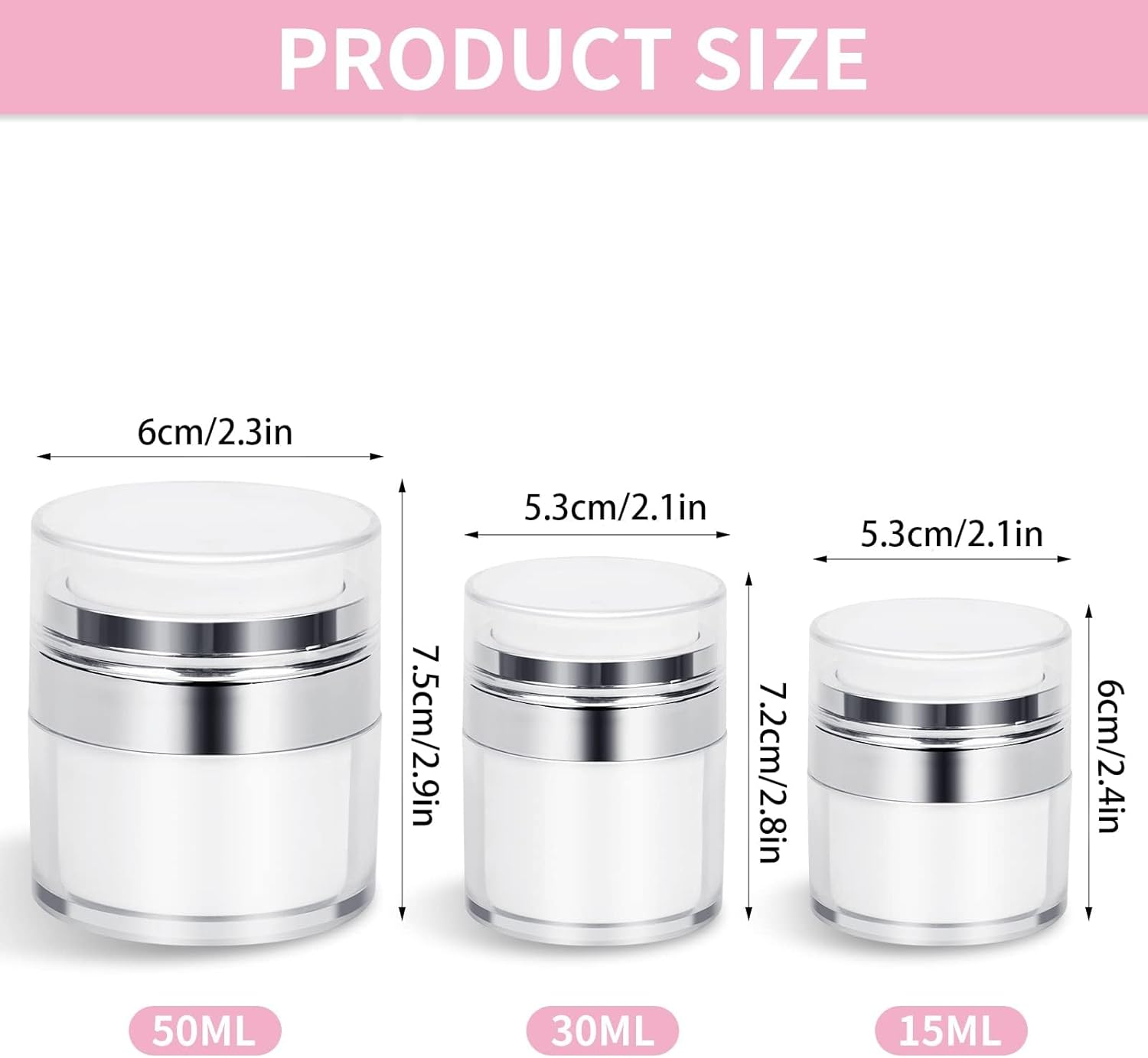 Heatunk 3PCS Airless Pump Bottle Set - Refillable Cream Jars with Leak-Proof Vacuum Technology - Portable Travel Cosmetic Moisturizer Containers with Cream Scoop - 15ML, 30ML, 50ML Sizes image number 5