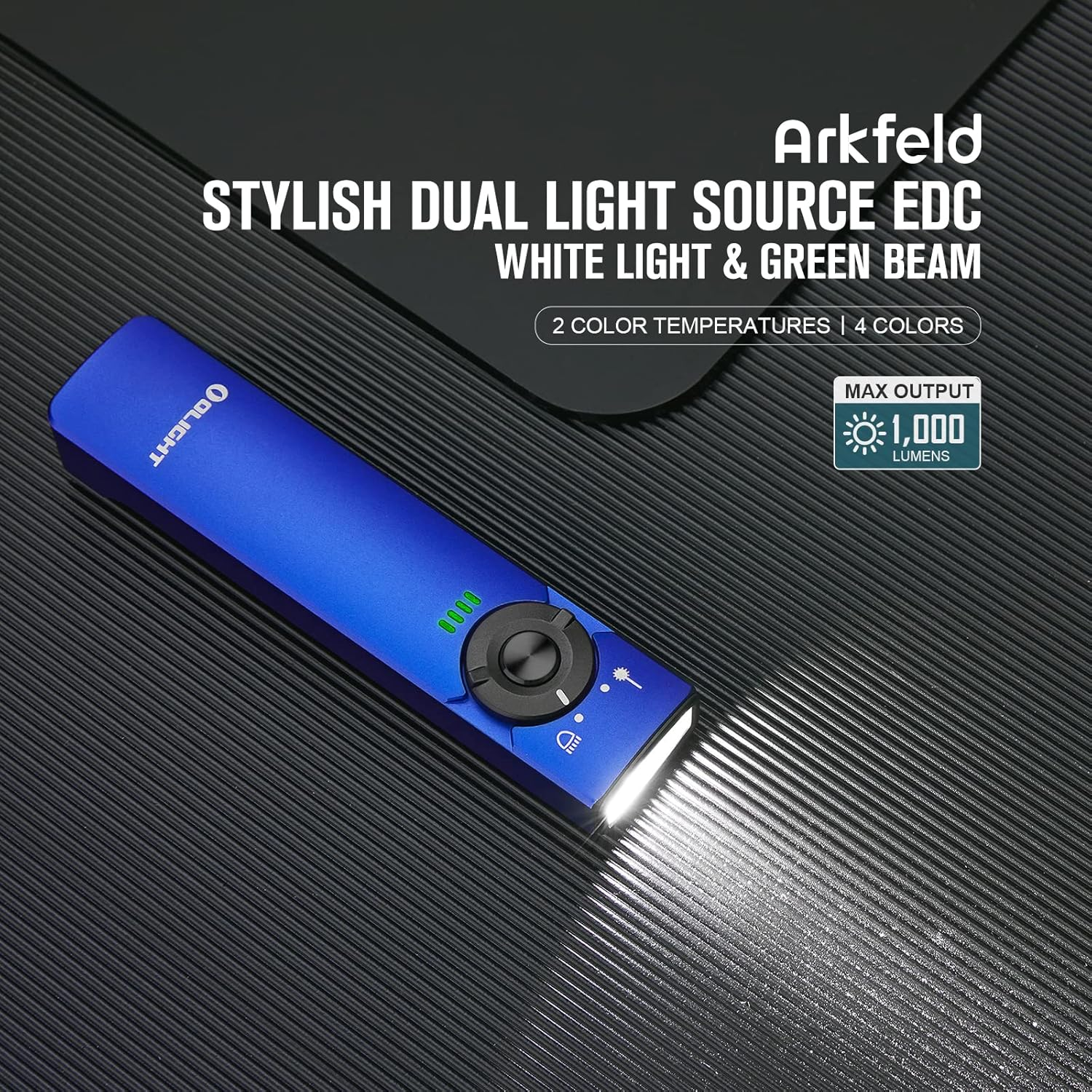 OLIGHT Arkfeld Max 1000 Lumens Rechargeable EDC Flashlight Dual Light Source with Green Beam for Pet, Presentation(Blue, Cool White Light: 5700~6700K) image number 6