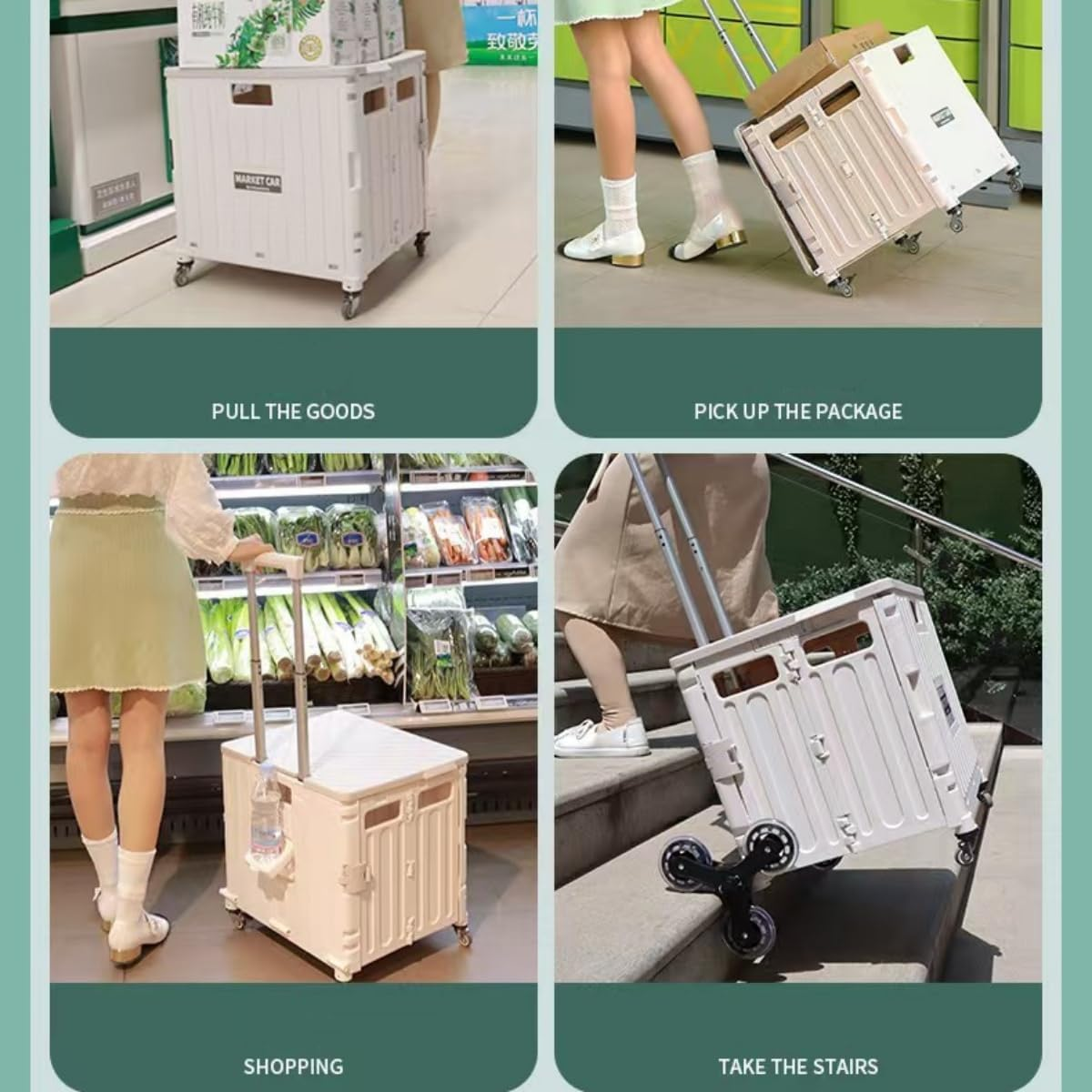 Foldable Shopping Cart 65L Plastic Shopping Trolley Stair Climbing Utility Crate,Folding Utility Cart Portable Rolling Crate with Collapsible 360&deg; Rotate Wheels&Telescoping Handle (White) image number 2