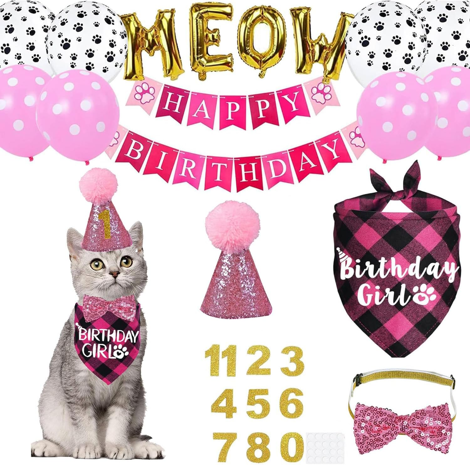 Cat Birthday Bandana, Cat Birthday Boy Girl Hat Scarfs Flag Balloon with Cute Doggie Birthday Party Supplies Decorations