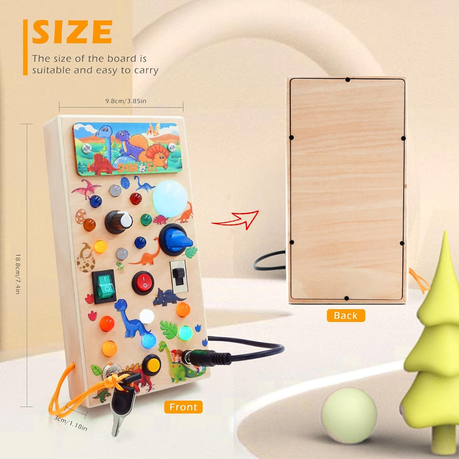 Montessori Toddler Busy Board, Led Dinosaur Wooden Sensory Board Educational Toys Wiht Switch Light Designs, Early Fine Activity Motor Skills Travel Toys for Toddlers Boys and Girls image number 6