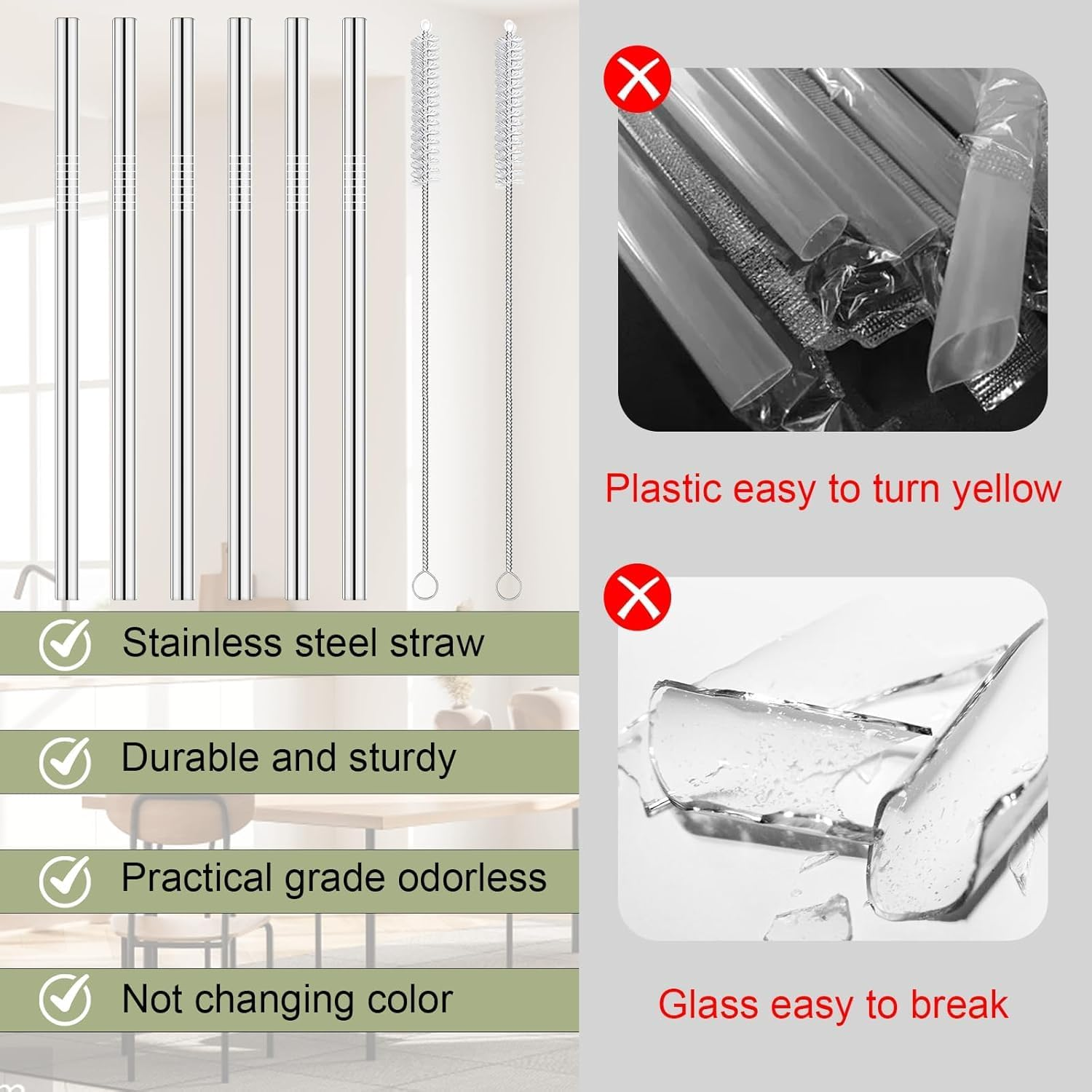 6 PCS Metal Replacement Straws for Owala Water Bottle 24 Oz 32 Oz, Reusable Stainless Steel Straws with 2 Cleaning Brush Compatible with Owala Water Bottle image number 6