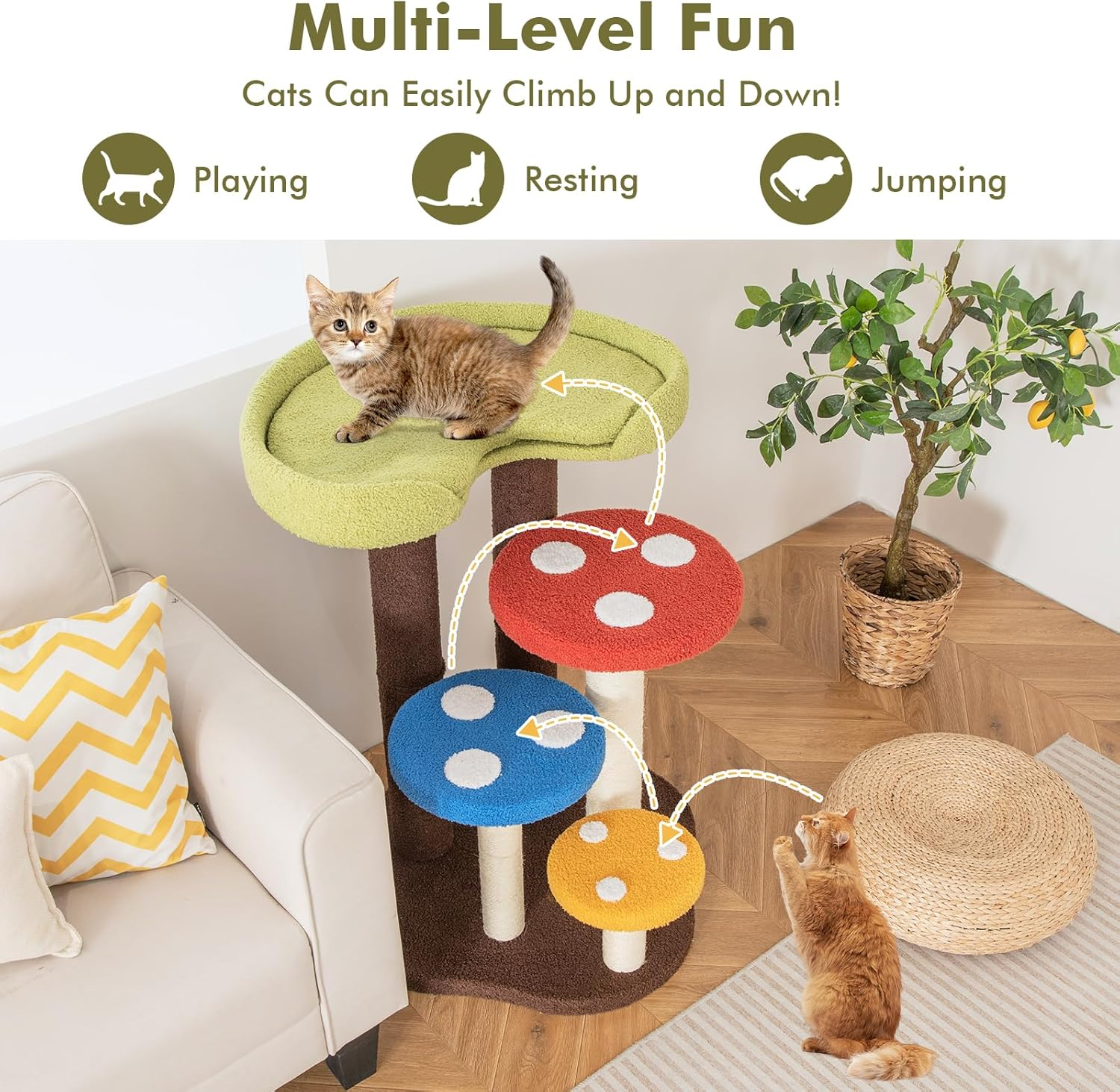 Cat Tree Mushroom, Cutecostway Cat Tower for Indoor Cats with Scratching Post, Unique Multi-Level Cat Furniture, Pet Play House Cat Activity Center for Kitten image number 5