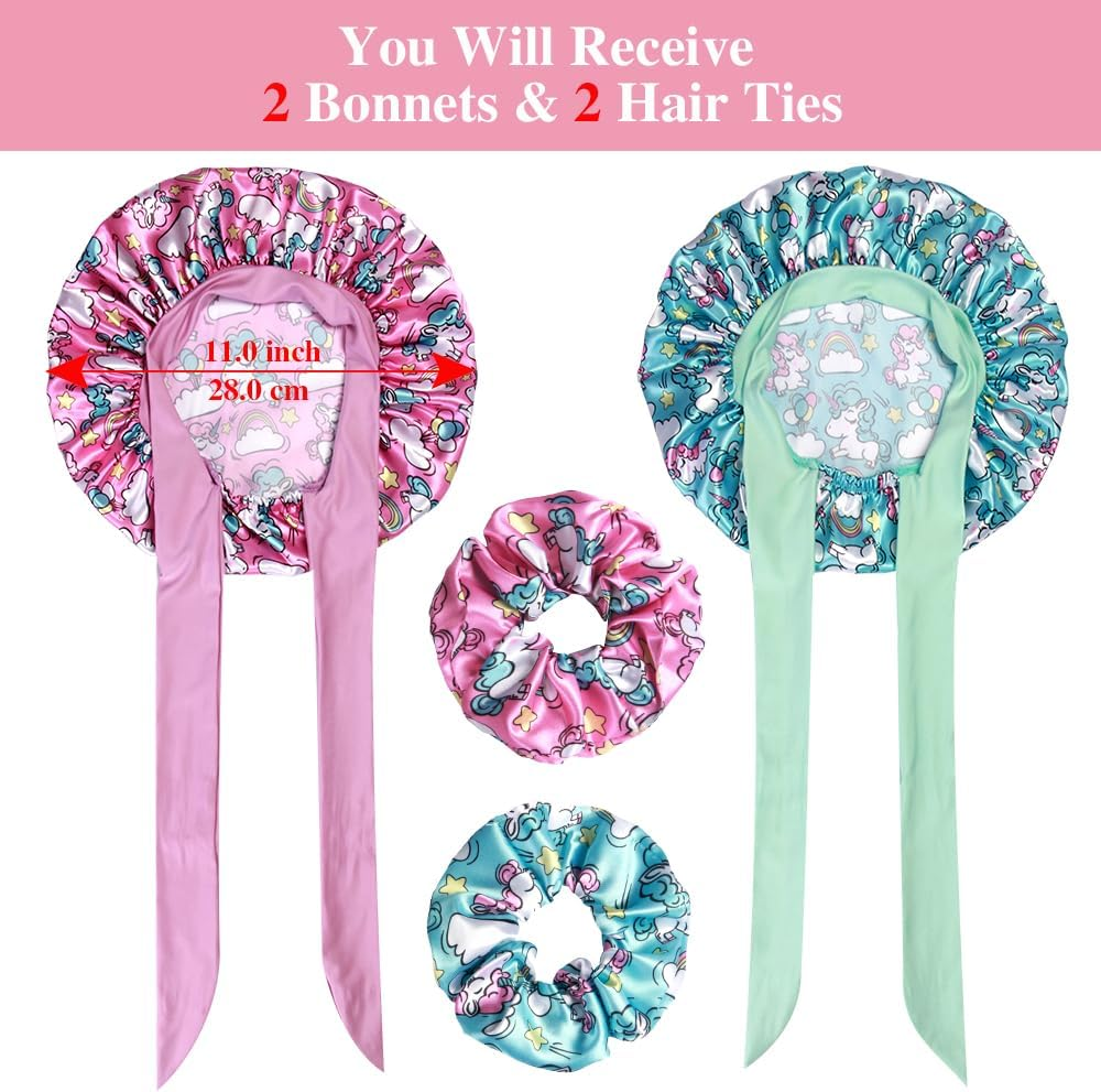 2+2 Satin Bonnets with Scrunchies for Kids, Cute Hair Bonnets for Girls Sleeping Curly Hair, E image number 2