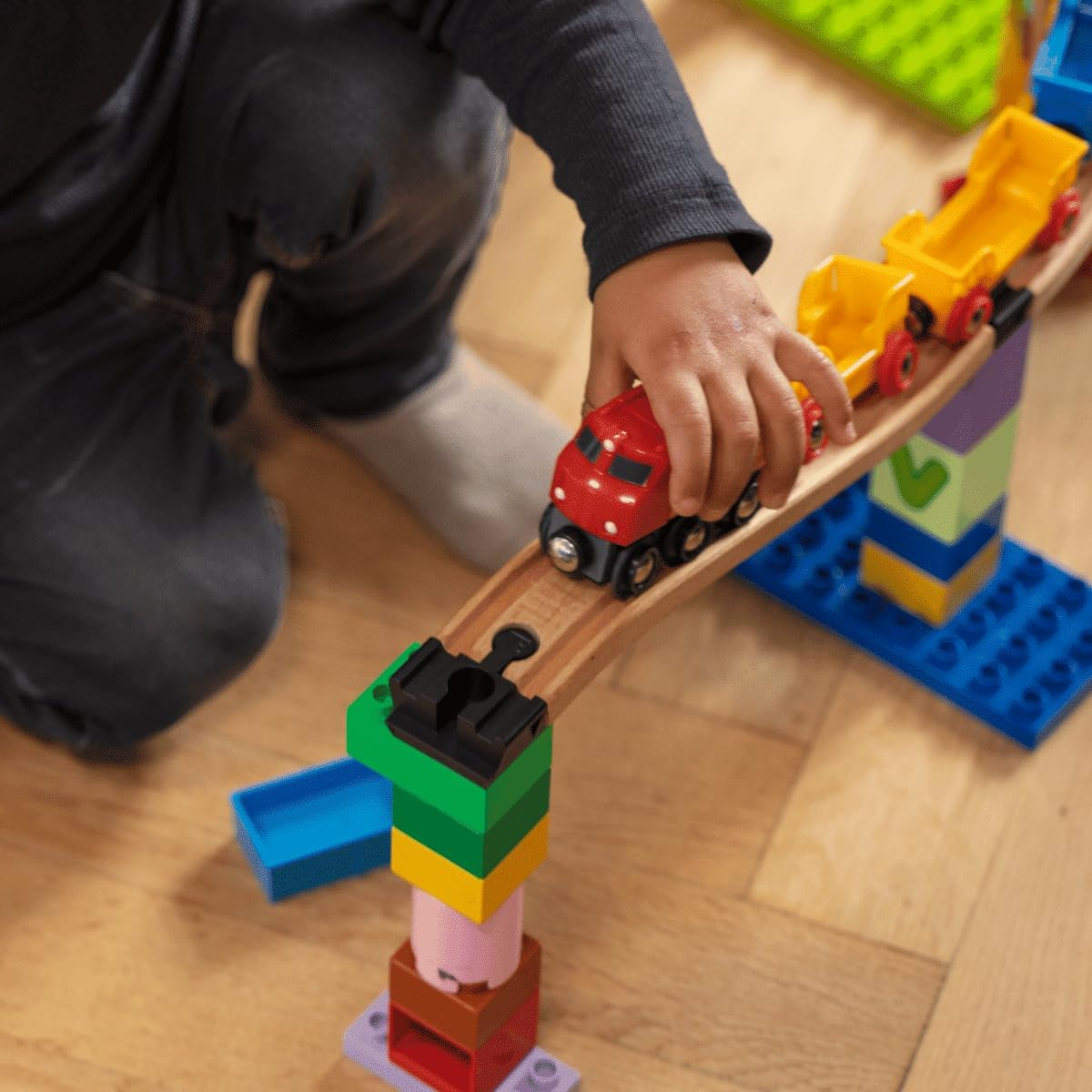 TOY2 Builder Set XL, 44 Pieces, Compatible with Brio &  Duplo, Sustainable Wooden Train Set Rail Connector Pack image number 5