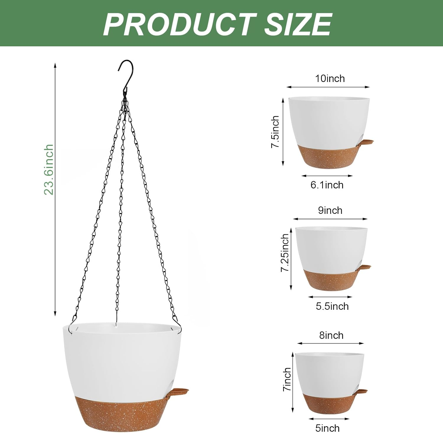 10/9/8 Inch Hanging Planter for Indoor Outdoor Plants, 3 Pack Self-Watering Hanging Pot with Drainage Holes Hanging Planter Baskets Plant Pots with Removable Tray (White+Brown) image number 4
