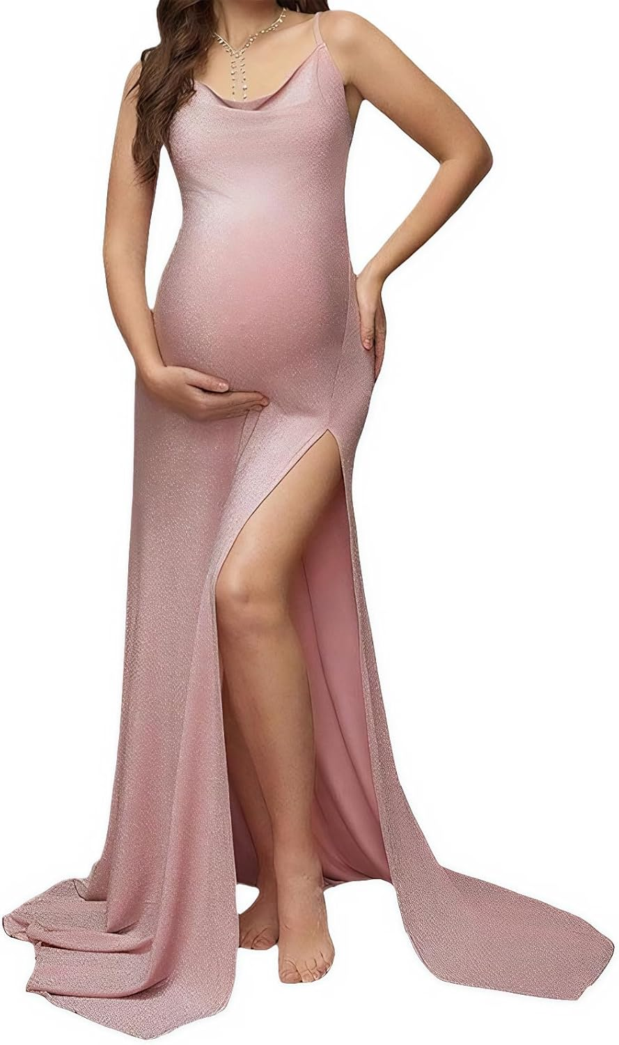 Pink Maternity Off-Shoulder Evening Gown with Thigh Slit - Floor-Length Curve-Hugging Maxi Dress image number 3