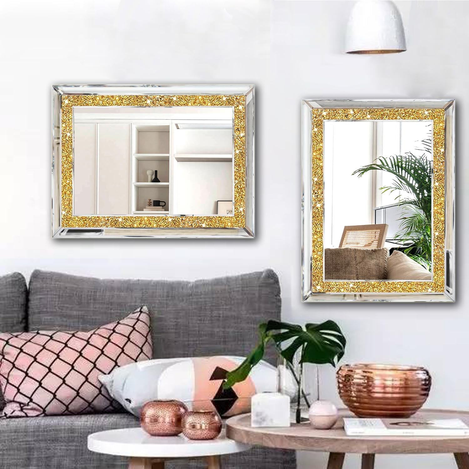 XIHACTY 2 Piece Wall Mirrors, Crush Diamond Mirrors Wall Decor, Gold Color Decorative Mirrors for Living Room Decor, Bedroom, Bathroom. (11&rdquo;X15&rdquo;) image number 4