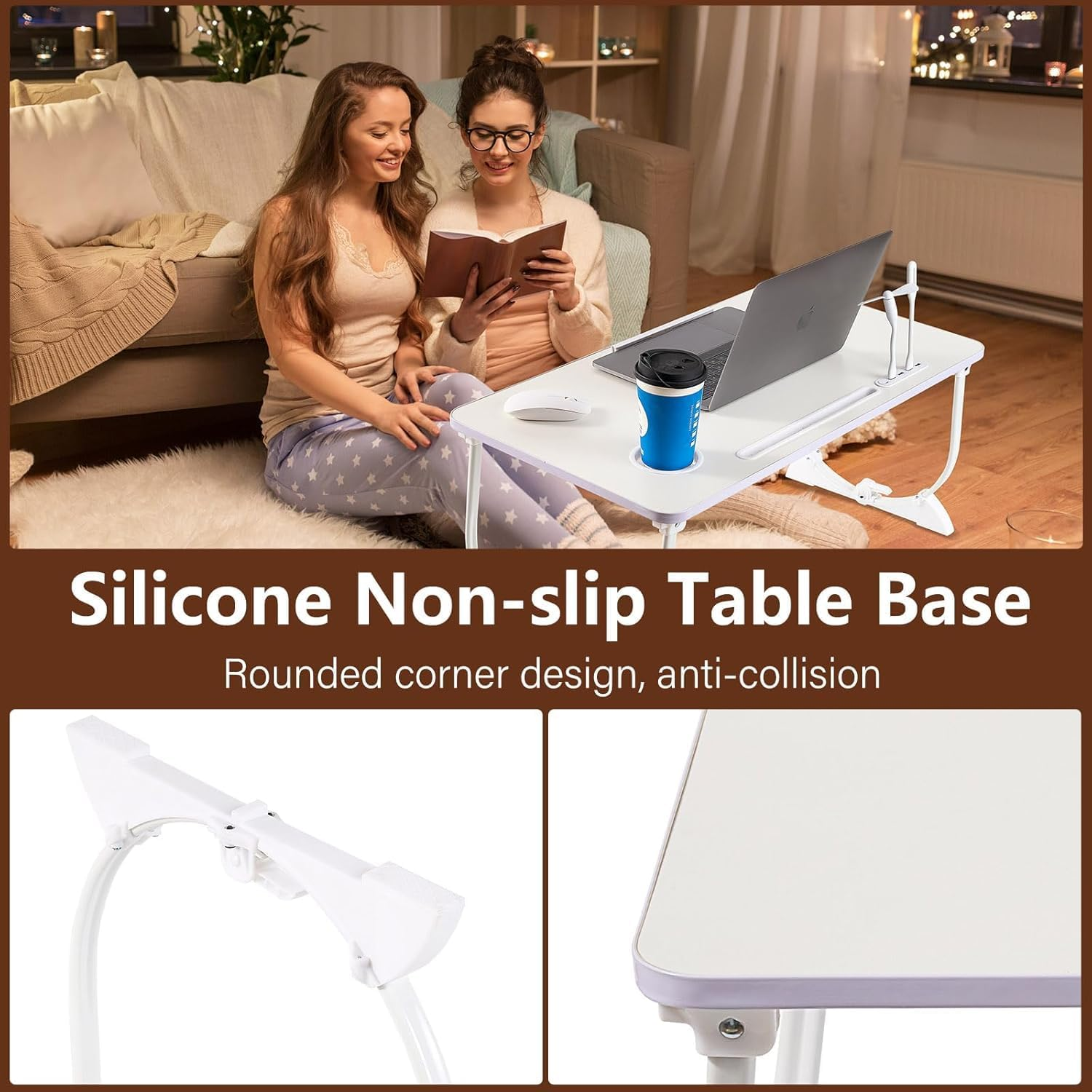 Adjustable Laptop Bed Desk with 4 USB Ports, Storage Drawer, Cup Holder, Portable Lap Desk Tray for Eating Reading Working Drawing Gaming(White) image number 6