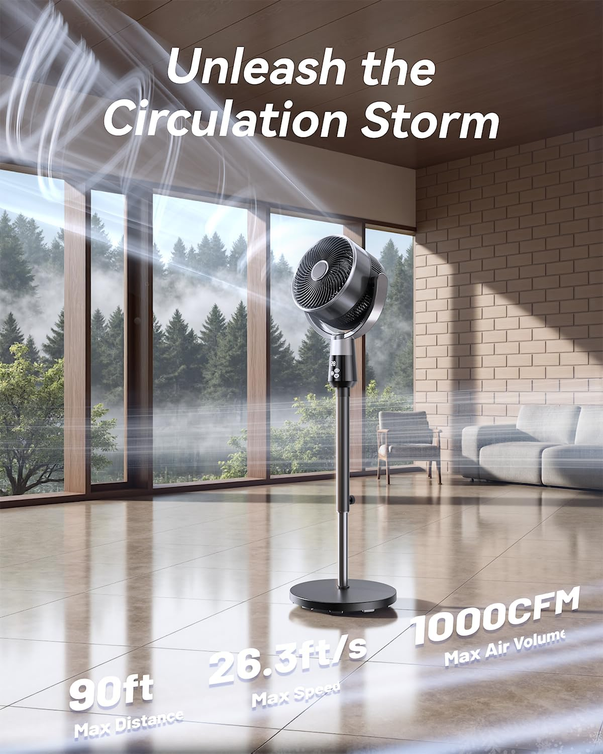 STORM HERO Pedestal Fan Air Circulator - 90&deg; Oscillating Standing Fans for Bedroom Home Office, 8 Speeds Air Circulation Floor Fan, Adjustable Height Silent Stand Tower Fan with Remote and 12H Timer image number 2